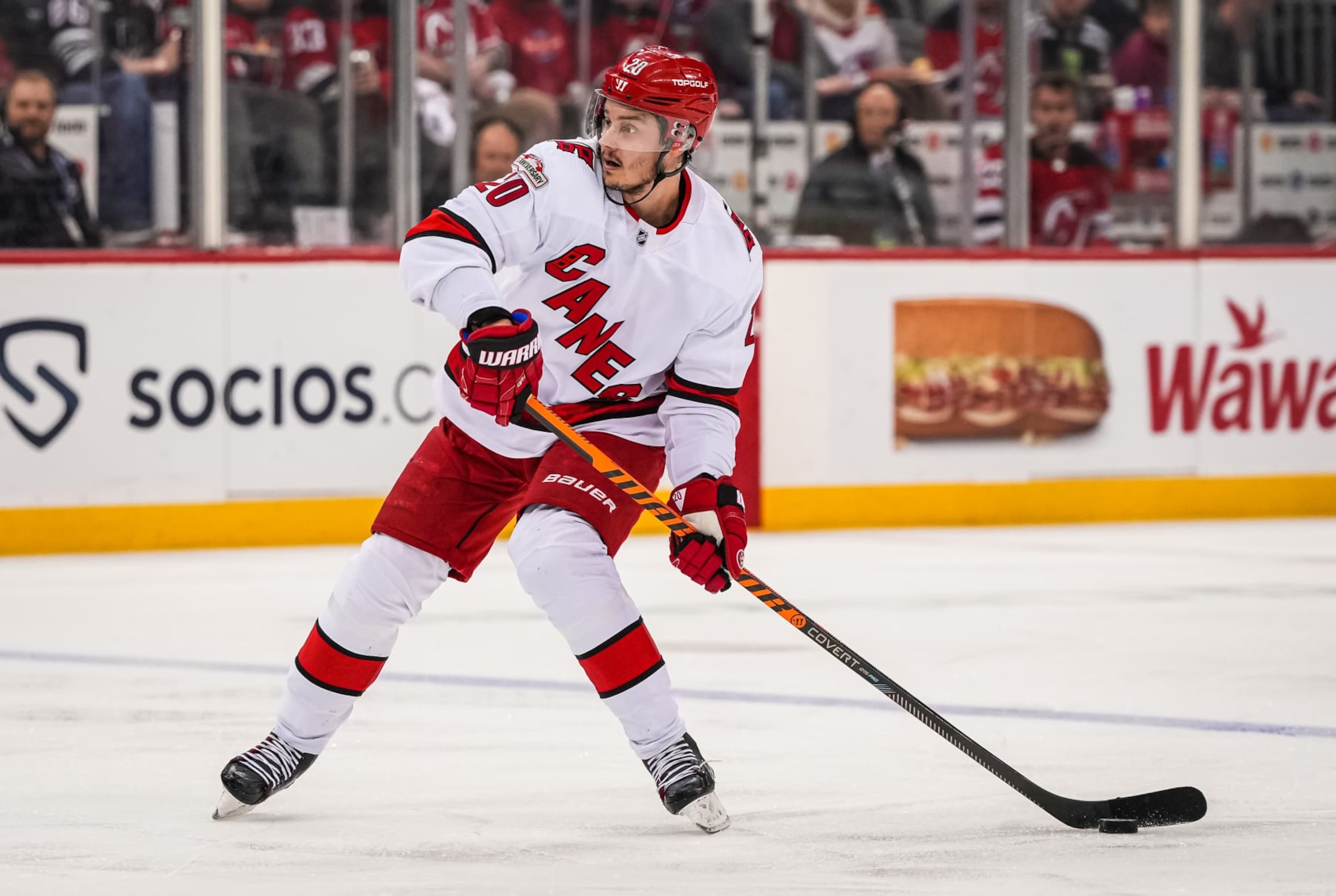 NEWARK, NEW JERSEY - MAY 09: Sebastian Aho #20 of the Carolina Hurricanes skates during the second period against the New Jersey Devils in Game Four of the Second Round of the 2023 Stanley Cup Playoffs at Prudential Center on May 09, 2023 in Newark, New Jersey. (Photo by Josh Lavallee/NHLI via Getty Images)