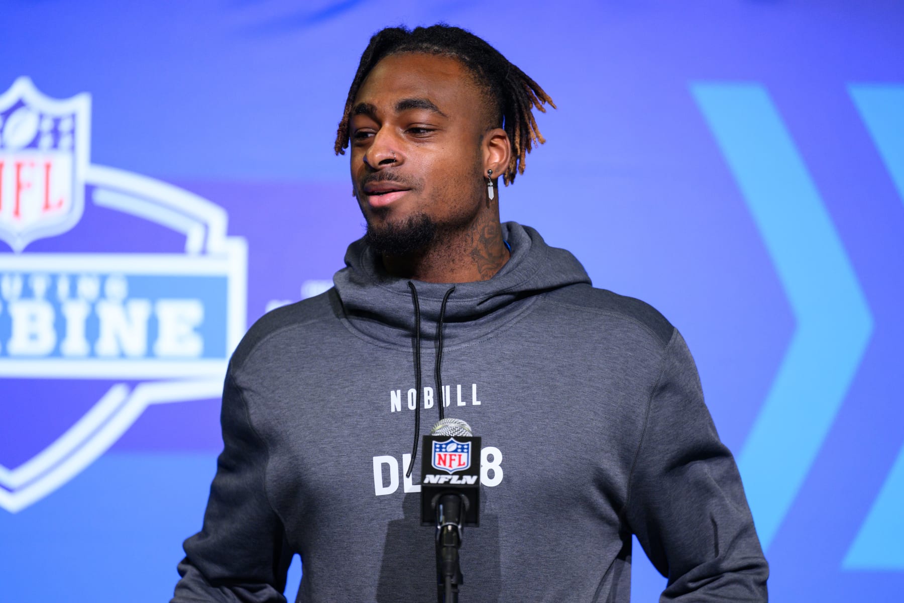 INDIANAPOLIS, IN - MARCH 01: Iowa State defensive lineman Will McDonald IV answers questions from the media during the NFL Scouting Combine on March 1, 2023, at the Indiana Convention Center in Indianapolis, IN. (Photo by Zach Bolinger/Icon Sportswire via Getty Images)