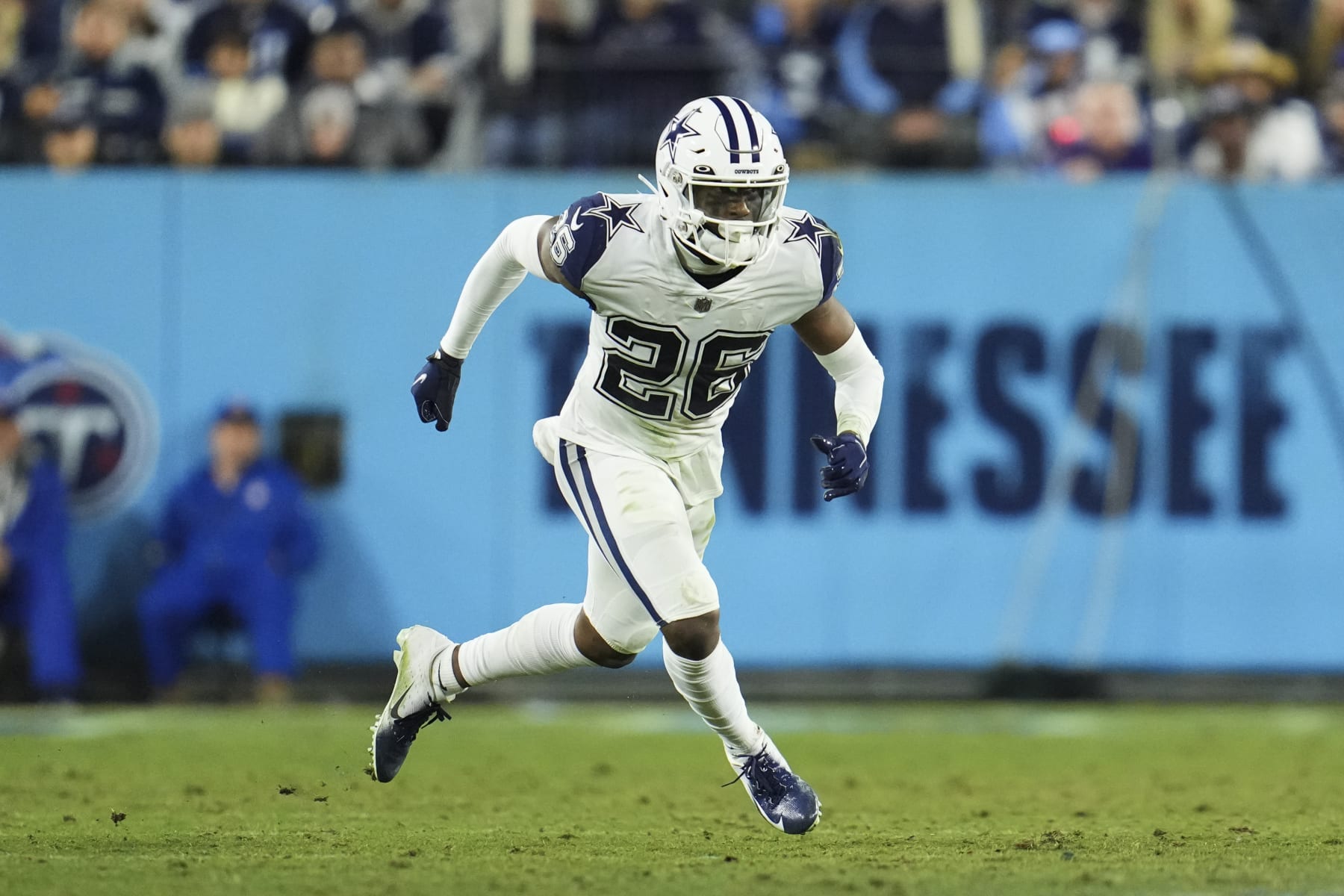 NASHVILLE, TN - DECEMBER 29: DaRon Bland #26 of the Dallas Cowboys defends against the Tennessee Titans at Nissan Stadium on December 29, 2022 in Nashville, Tennessee. (Photo by Cooper Neill/Getty Images)