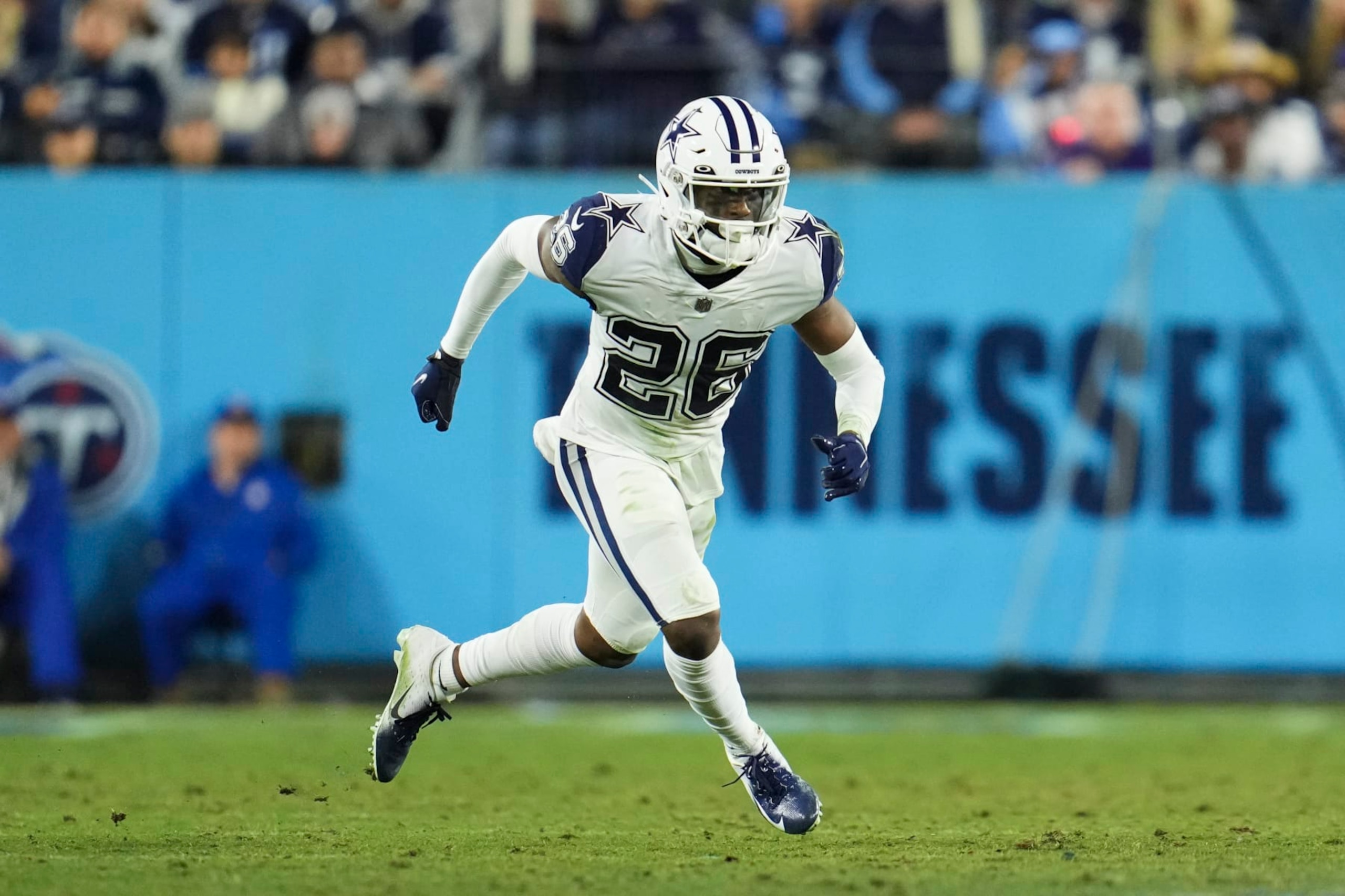 NASHVILLE, TN - DECEMBER 29: DaRon Bland #26 of the Dallas Cowboys defends against the Tennessee Titans at Nissan Stadium on December 29, 2022 in Nashville, Tennessee. (Photo by Cooper Neill/Getty Images)