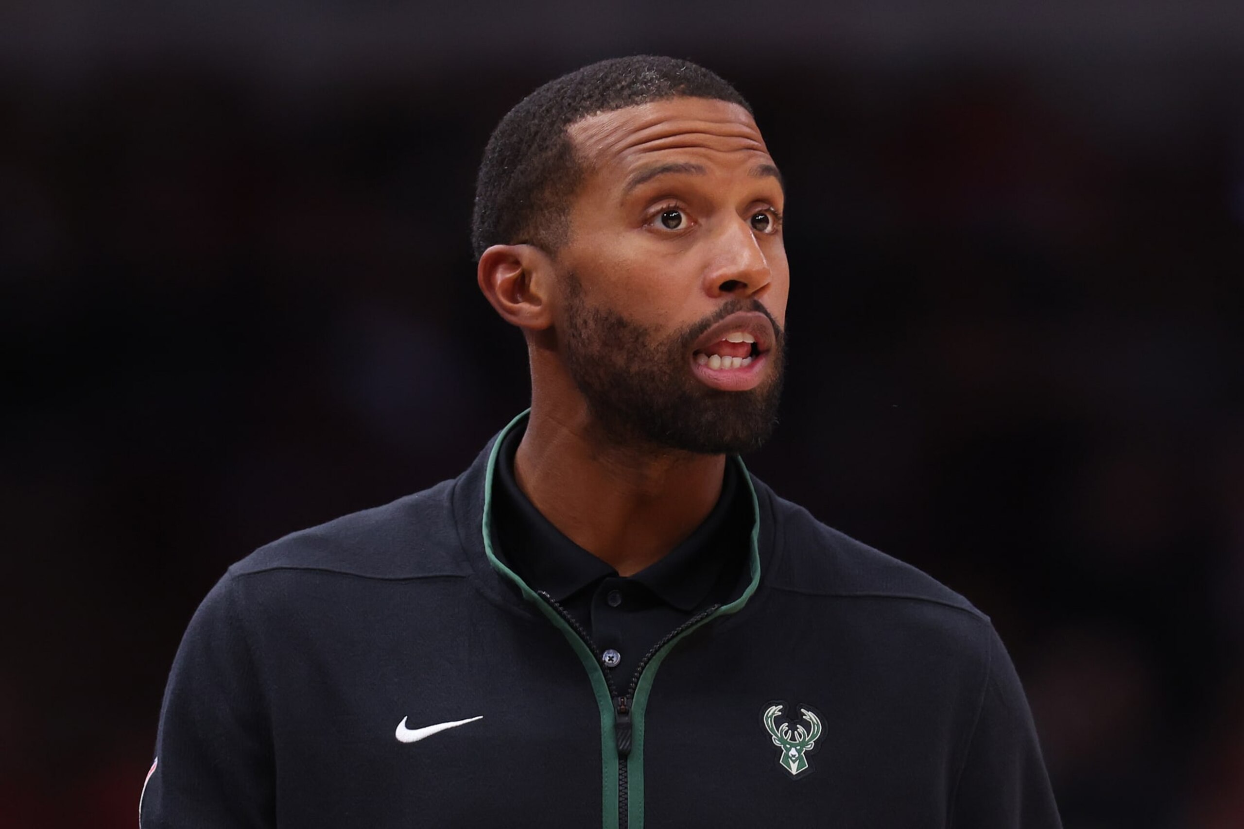 CHICAGO, ILLINOIS - OCTOBER 11: Associate head coach Charles Lee of the Milwaukee Bucks reacts against the Chicago Bulls during the second half of a preseason game at United Center on October 11, 2022 in Chicago, Illinois. NOTE TO USER: User expressly acknowledges and agrees that, by downloading and or using this photograph, User is consenting to the terms and conditions of the Getty Images License Agreement. (Photo by Michael Reaves/Getty Images)