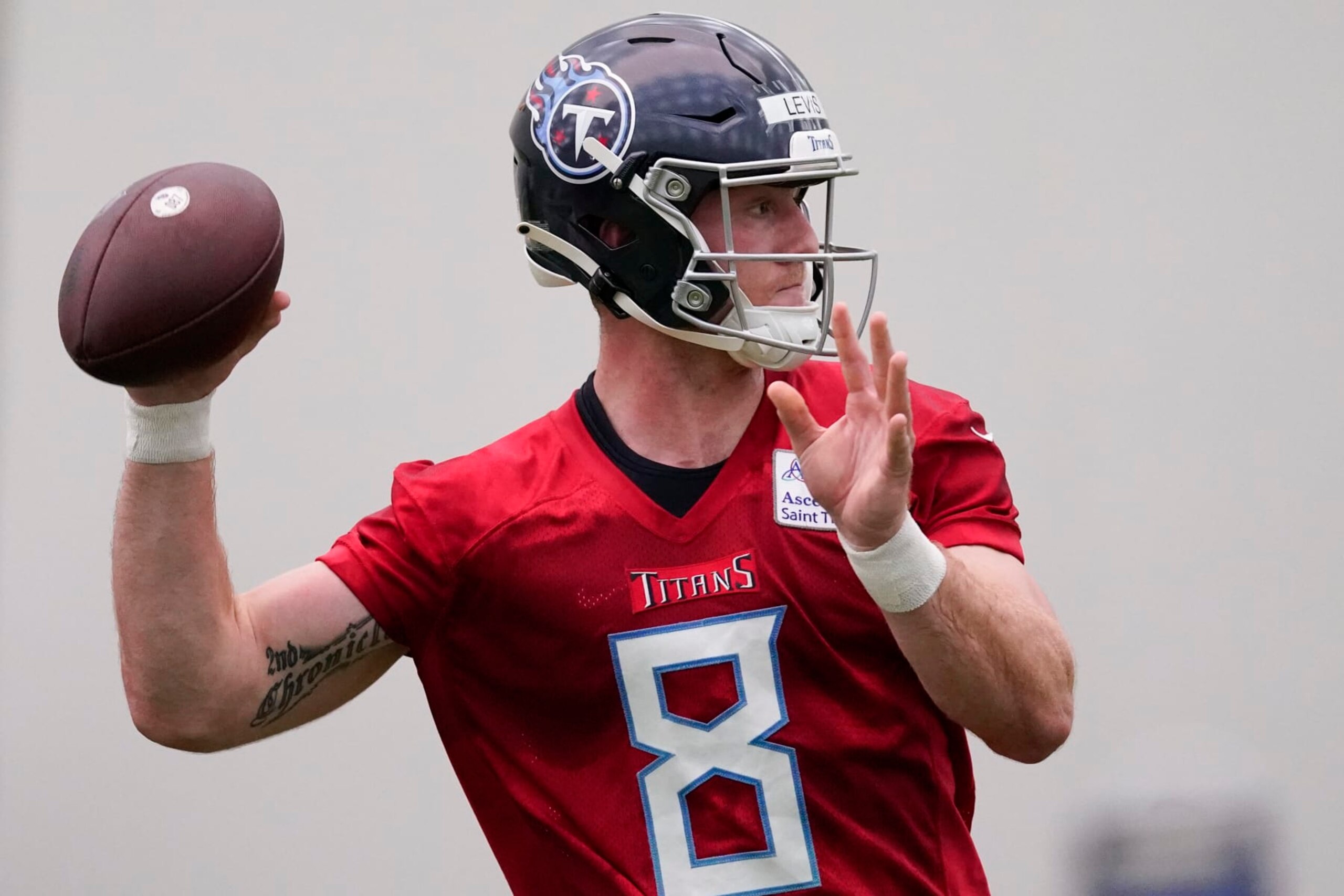 Tennessee Titans quarterback Will Levis (8) throws a pass during the NFL football team's rookie minicamp, Saturday, May 13, 2023, in Nashville, Tenn. (AP Photo/George Walker IV) Tennessee Titans quarterback Will Levis (8) throws a pass during the NFL football team's rookie minicamp, Saturday, May 13, 2023, in Nashville, Tenn. (AP Photo/George Walker IV)