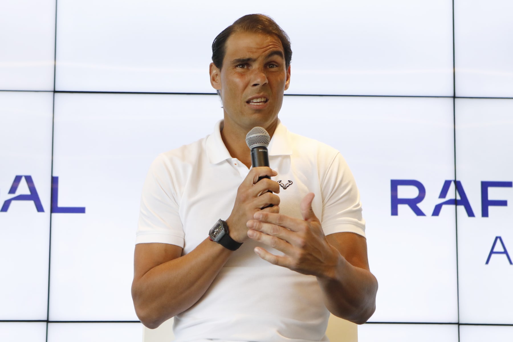 Spain's Rafael Nadal speaks during a press conference at his tennis academy in Manacor, Mallorca, Spain, Thursday May 18, 2023. Nadal said he need to stop playing for a while after been sidelined by an injured left hip flexor since January. (AP Photo/Francisco Ubilla)