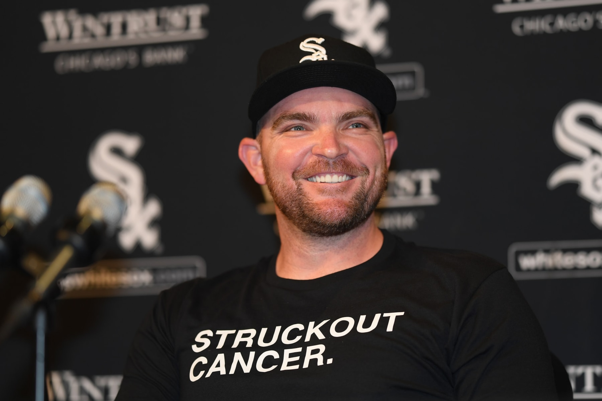 CHICAGO, ILLINOIS - MAY 03: Liam Hendriks #31 of the Chicago White Sox takes questions from reporters before the game against the Tampa Bay Rays at Guaranteed Rate Field on May 03, 2023 in Chicago, Illinois. Hendriks spoke publicly for the first time about his battle with non-Hodgkin’s lymphoma and his return to the White Sox. (Photo by Quinn Harris/Getty Images)