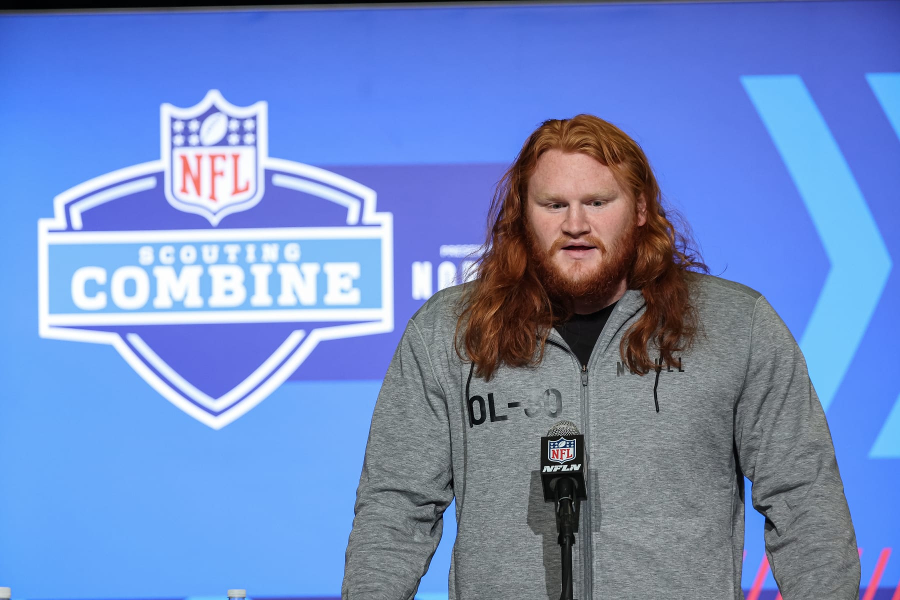 INDIANAPOLIS, IN - MARCH 04:  Offensive lineman Cody Mauch of North Dakota State speaks to the media during the NFL Combine at Lucas Oil Stadium on March 4, 2023 in Indianapolis, Indiana. (Photo by Michael Hickey/Getty Images)