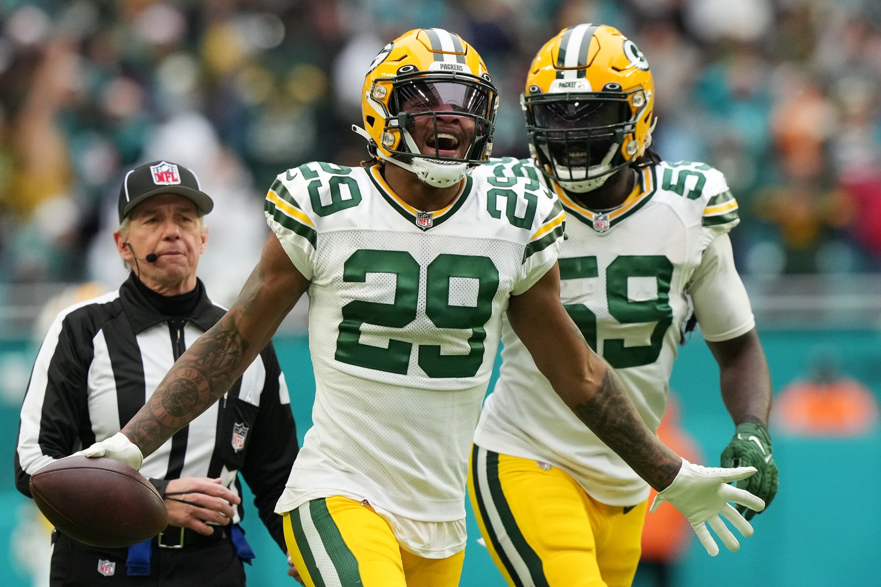 MIAMI GARDENS, FLORIDA - DECEMBER 25: Rasul Douglas #29 of the Green Bay Packers celebrates after making an interception in the fourth quarter of the game against the Miami Dolphins at Hard Rock Stadium on December 25, 2022 in Miami Gardens, Florida. (Photo by Eric Espada/Getty Images)