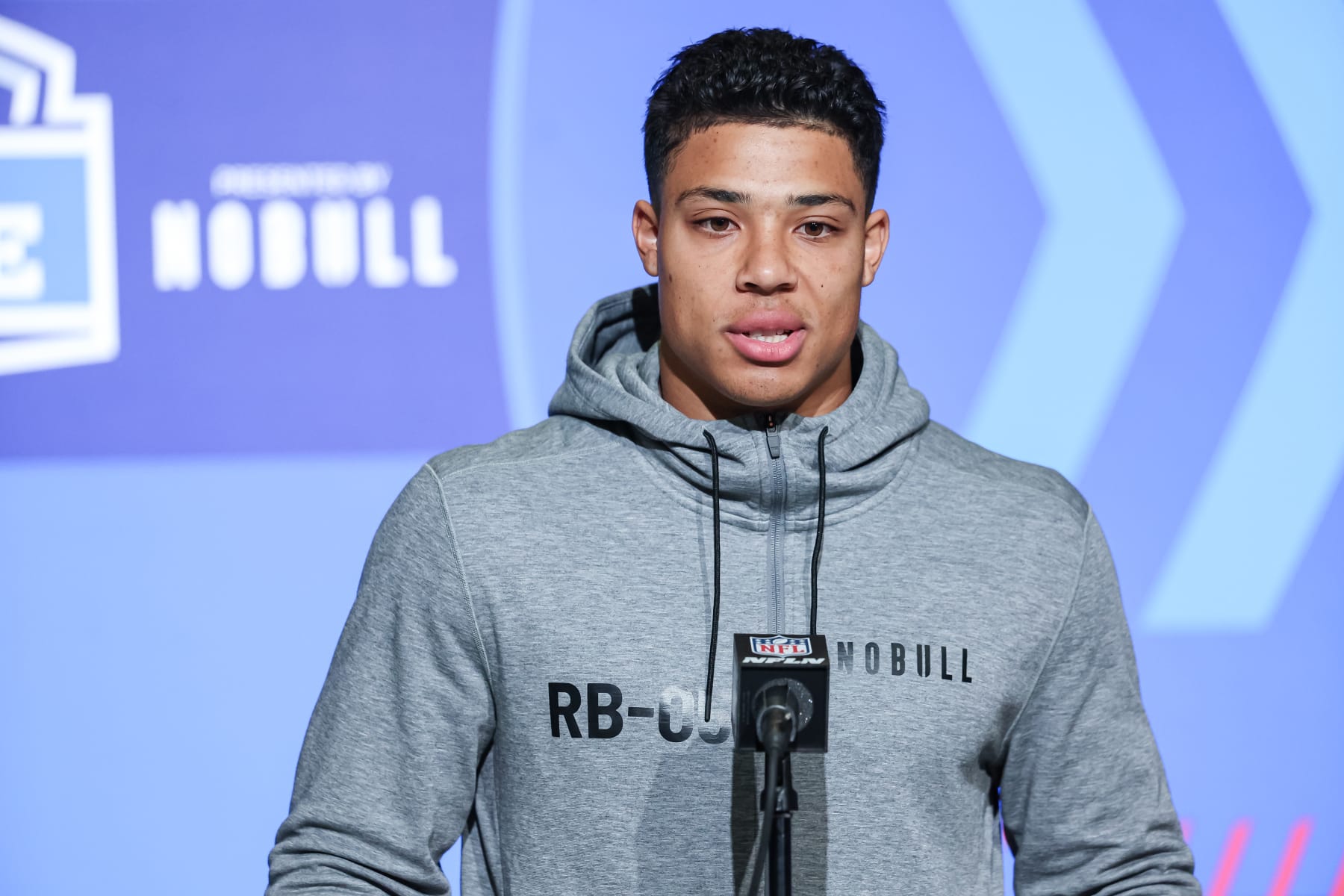 INDIANAPOLIS, IN - MARCH 04: Running back Zach Charbonnet of UCLA speaks to the media during the NFL Combine at Lucas Oil Stadium on March 4, 2023 in Indianapolis, Indiana. (Photo by Michael Hickey/Getty Images)