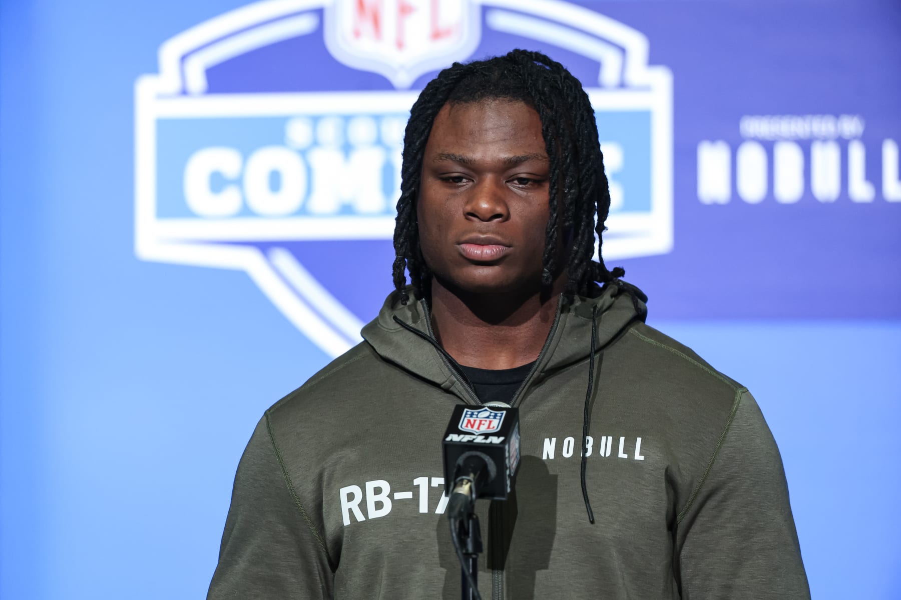 INDIANAPOLIS, IN - MARCH 04: Running back Kendre Miller of Texas Christian speaks to the media during the NFL Combine at Lucas Oil Stadium on March 4, 2023 in Indianapolis, Indiana. (Photo by Michael Hickey/Getty Images)
