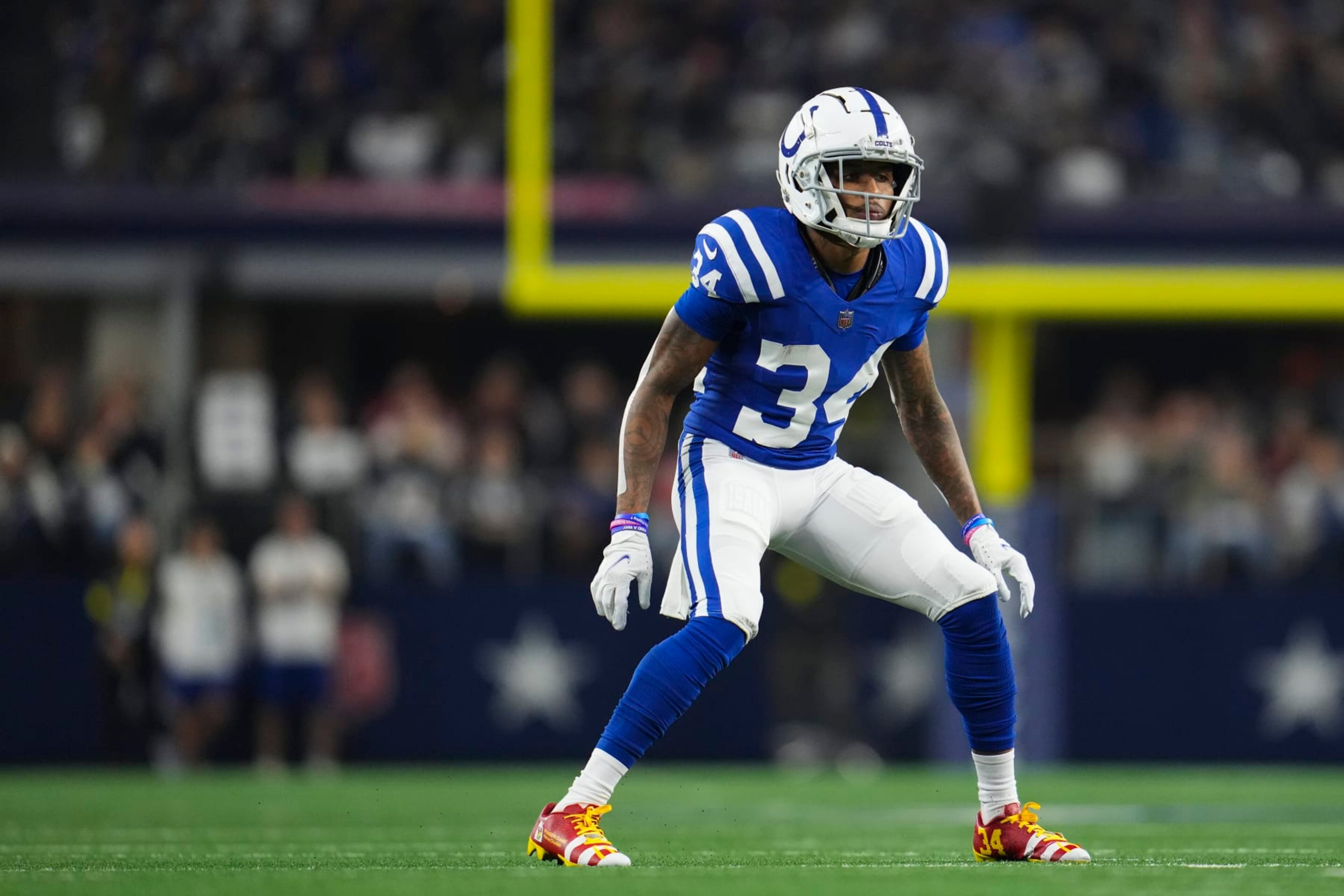 ARLINGTON, TX - DECEMBER 04: Isaiah Rodgers #34 of the Indianapolis Colts defends against the Dallas Cowboys at AT&T Stadium on December 4, 2022 in Arlington, Texas. (Photo by Cooper Neill/Getty Images)