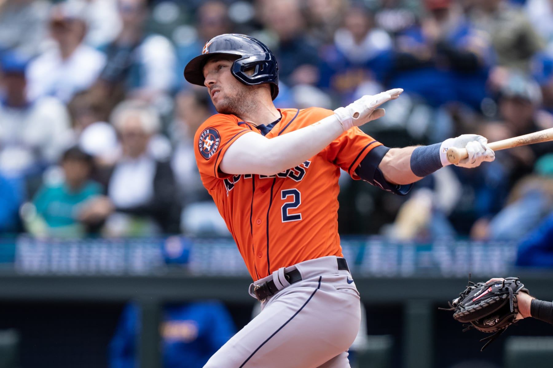 SEATTLE, WA - MAY 07: Alex Bregman #2 of the Houston Astros takes a swing during an at-bat in a game at T-Mobile Park on May 7, 2023 in Seattle, Washington. The Mariners won 3-1. (Photo by Stephen Brashear/Getty Images)