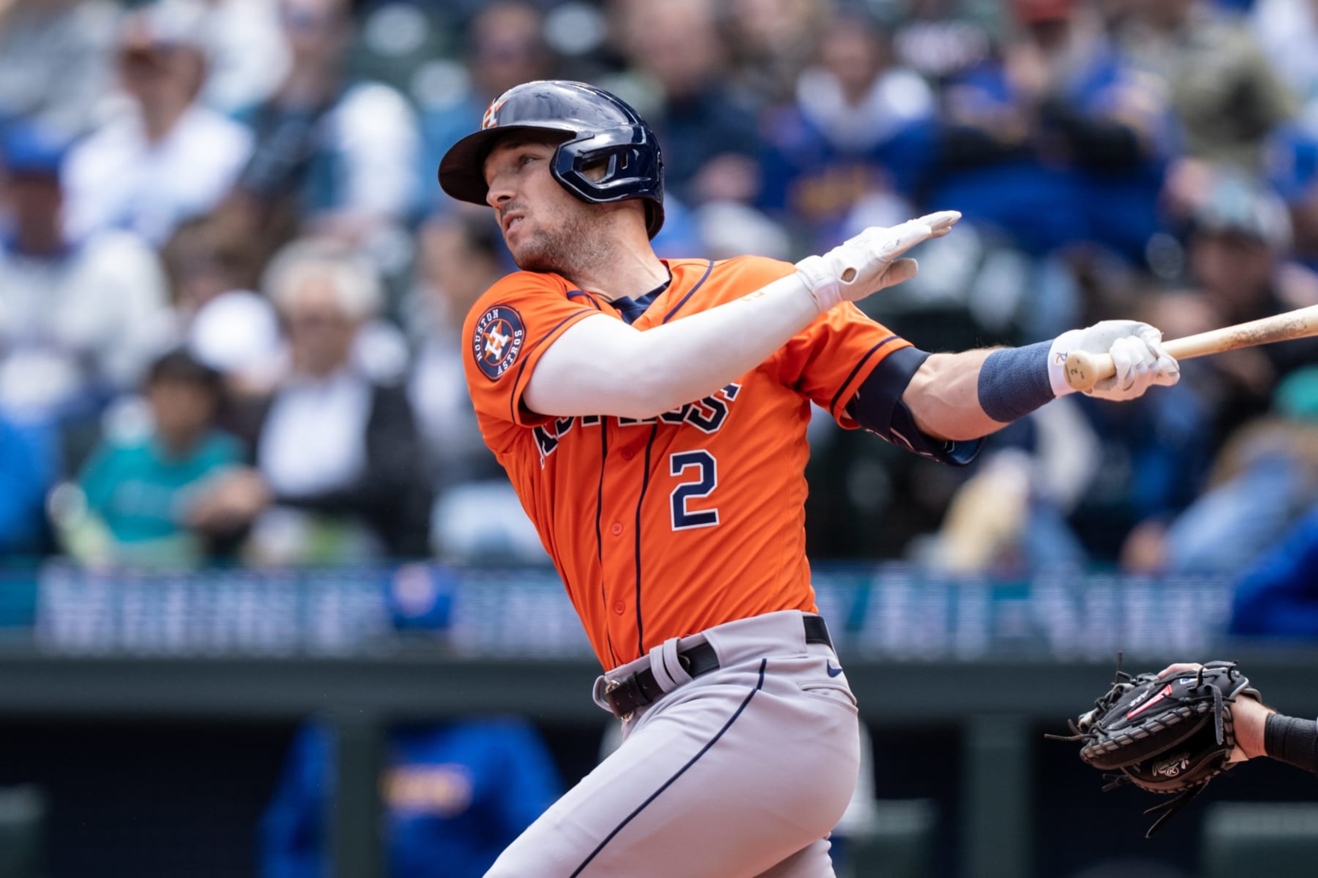 SEATTLE, WA - MAY 07: Alex Bregman #2 of the Houston Astros takes a swing during an at-bat in a game at T-Mobile Park on May 7, 2023 in Seattle, Washington. The Mariners won 3-1. (Photo by Stephen Brashear/Getty Images)