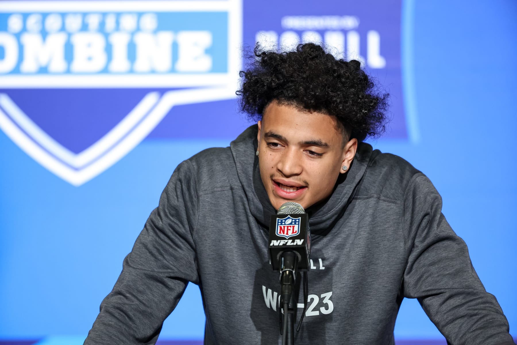 INDIANAPOLIS, IN - MARCH 03: Wide out Jalin Hyatt of Tennessee speaks to the media during the NFL Combine at Lucas Oil Stadium on March 3, 2023 in Indianapolis, Indiana. (Photo by Michael Hickey/Getty Images)