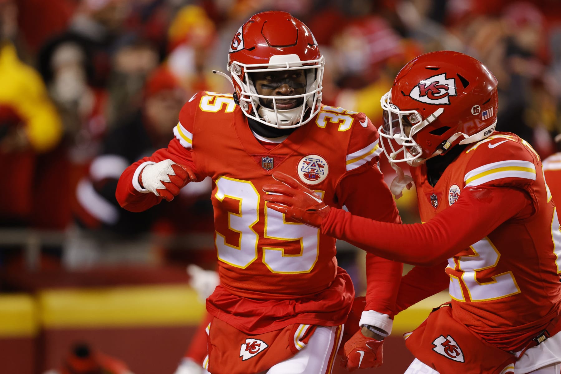KANSAS CITY, MISSOURI - JANUARY 29: Jaylen Watson #35 of the Kansas City Chiefs celebrates after an interception against the Cincinnati Bengals during the second quarter in the AFC Championship Game at GEHA Field at Arrowhead Stadium on January 29, 2023 in Kansas City, Missouri. (Photo by David Eulitt/Getty Images)