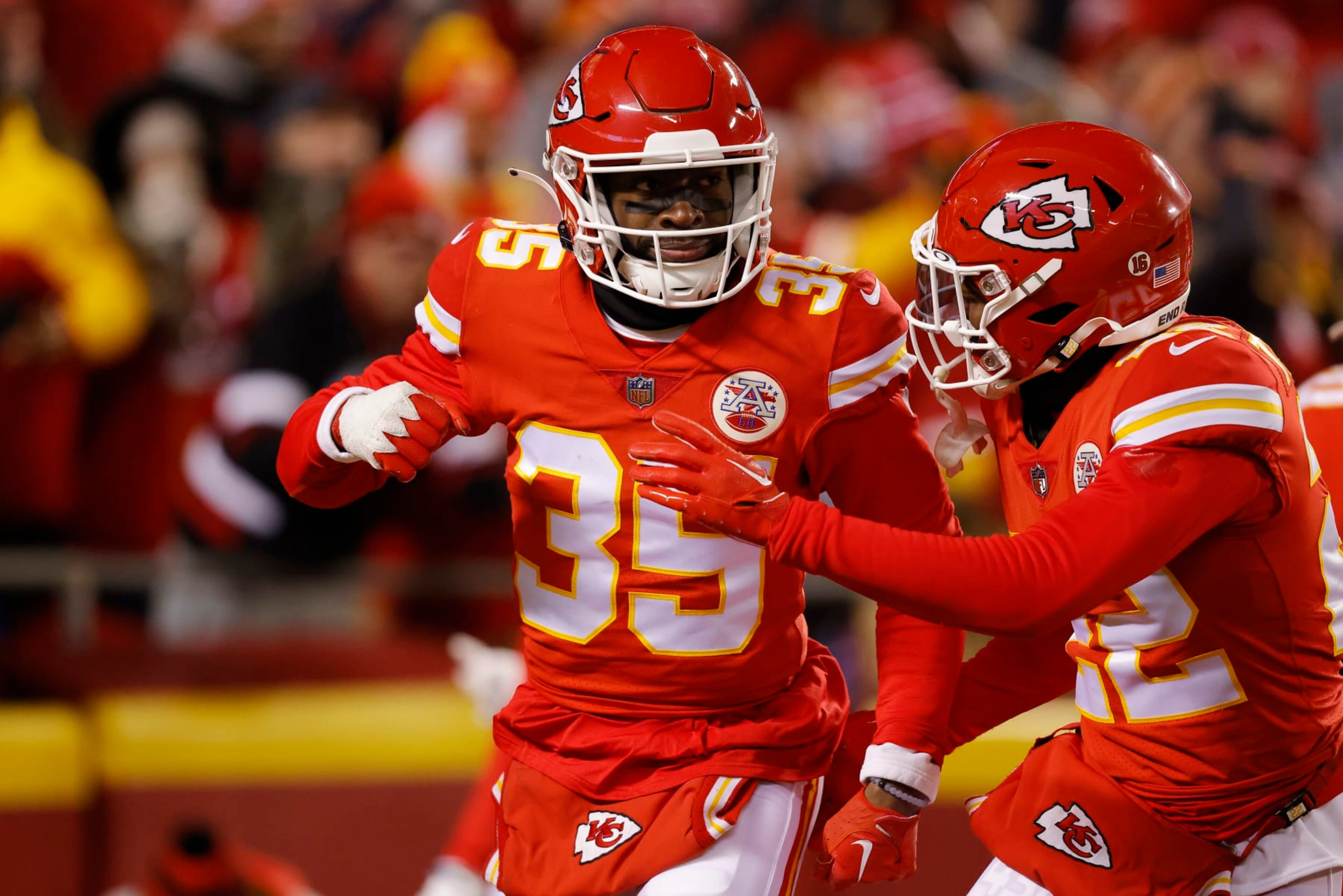 KANSAS CITY, MISSOURI - JANUARY 29: Jaylen Watson #35 of the Kansas City Chiefs celebrates after an interception against the Cincinnati Bengals during the second quarter in the AFC Championship Game at GEHA Field at Arrowhead Stadium on January 29, 2023 in Kansas City, Missouri. (Photo by David Eulitt/Getty Images)
