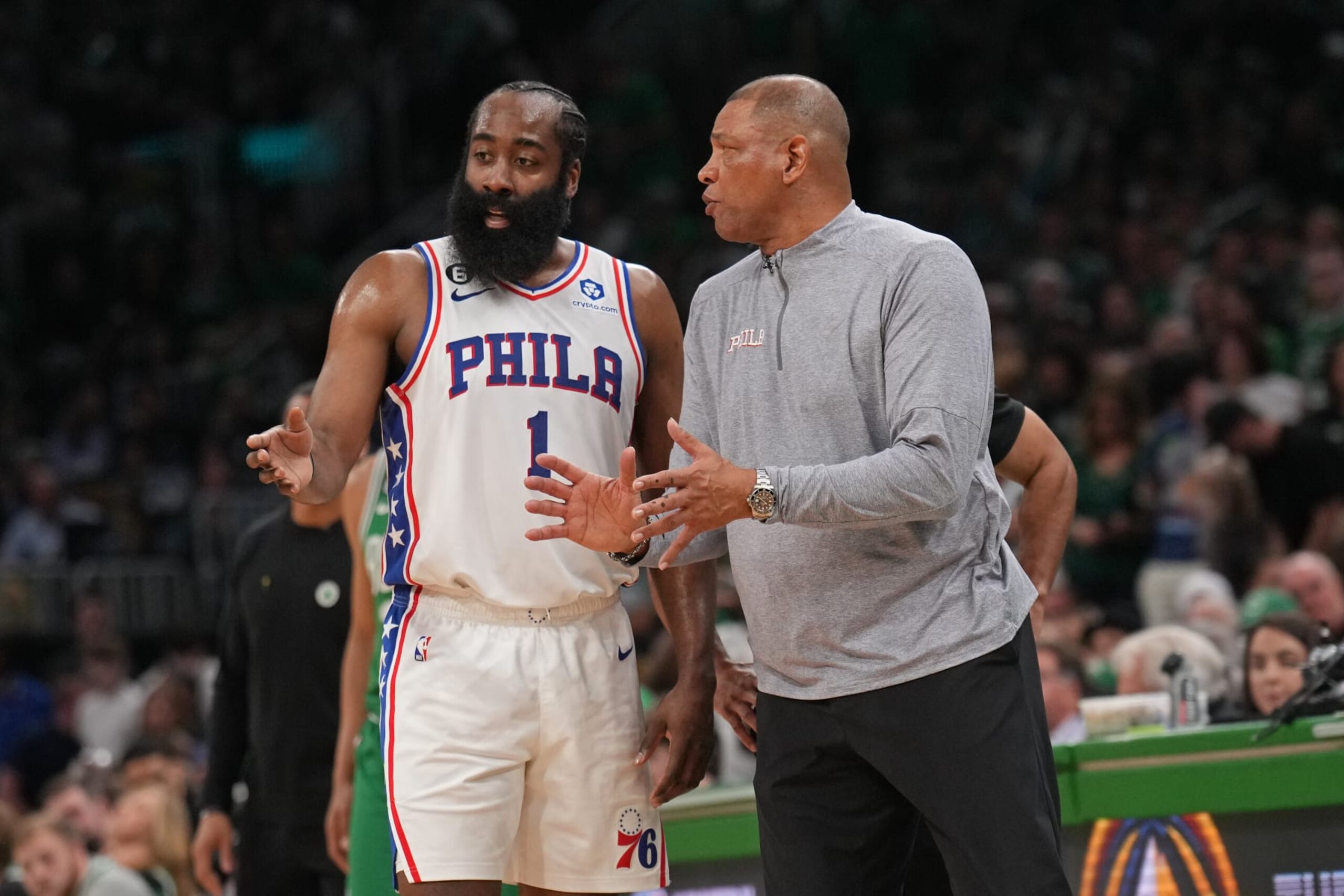 BOSTON, MA - MAY 14: James Harden #1 of the Philadelphia 76ers & Head Coach Doc Rivers of the Philadelphia 76ers looks on during the game on May 14, 2023 at the TD Garden in Boston, Massachusetts. NOTE TO USER: User expressly acknowledges and agrees that, by downloading and or using this photograph, User is consenting to the terms and conditions of the Getty Images License Agreement. Mandatory Copyright Notice: Copyright 2023 NBAE  (Photo by Jesse D. Garrabrant/NBAE via Getty Images)