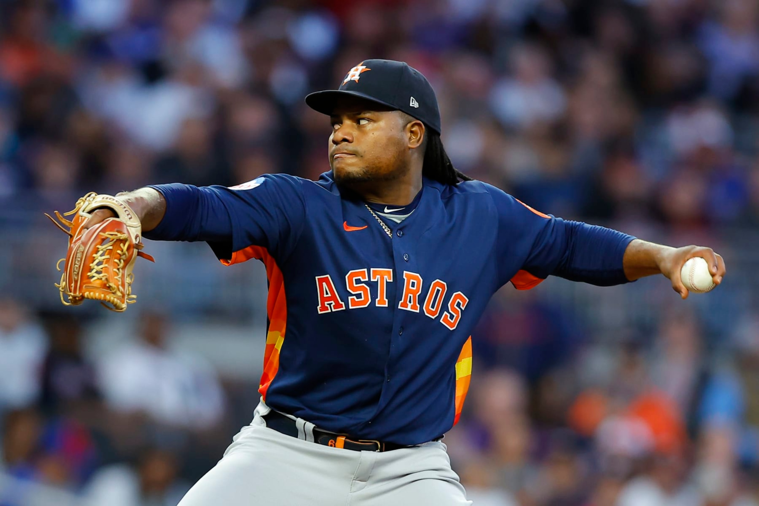 ATLANTA, GA - APRIL 22: Framber Valdez #59 of the Houston Astros pitches during the fourth inning against the Atlanta Braves at Truist Park on April 22, 2023 in Atlanta, Georgia. (Photo by Todd Kirkland/Getty Images)