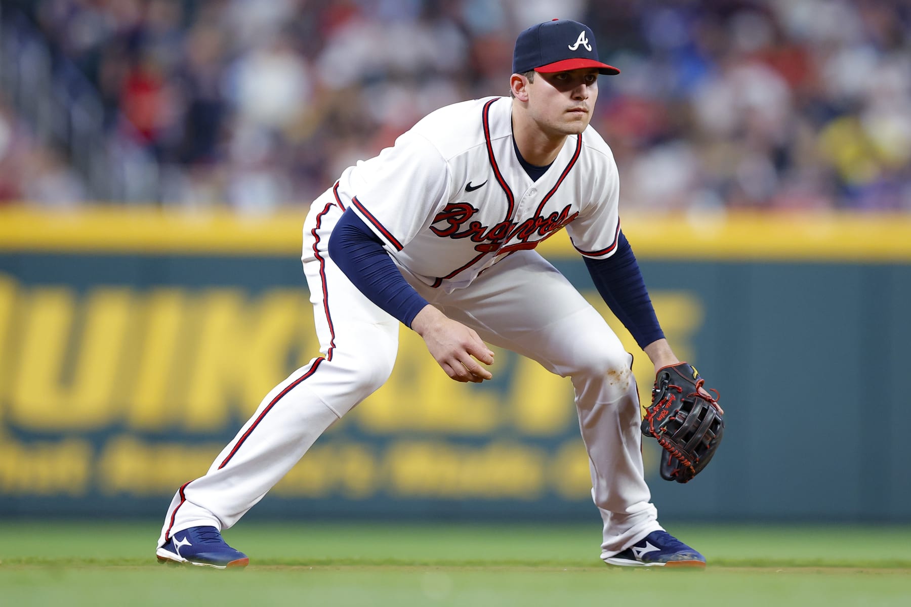 ATLANTA, GA - MAY 09: Austin Riley #27 of the Atlanta Braves readies himself during the sixth inning against the Boston Red Sox at Truist Park on May 9, 2023 in Atlanta, Georgia. (Photo by Todd Kirkland/Getty Images)