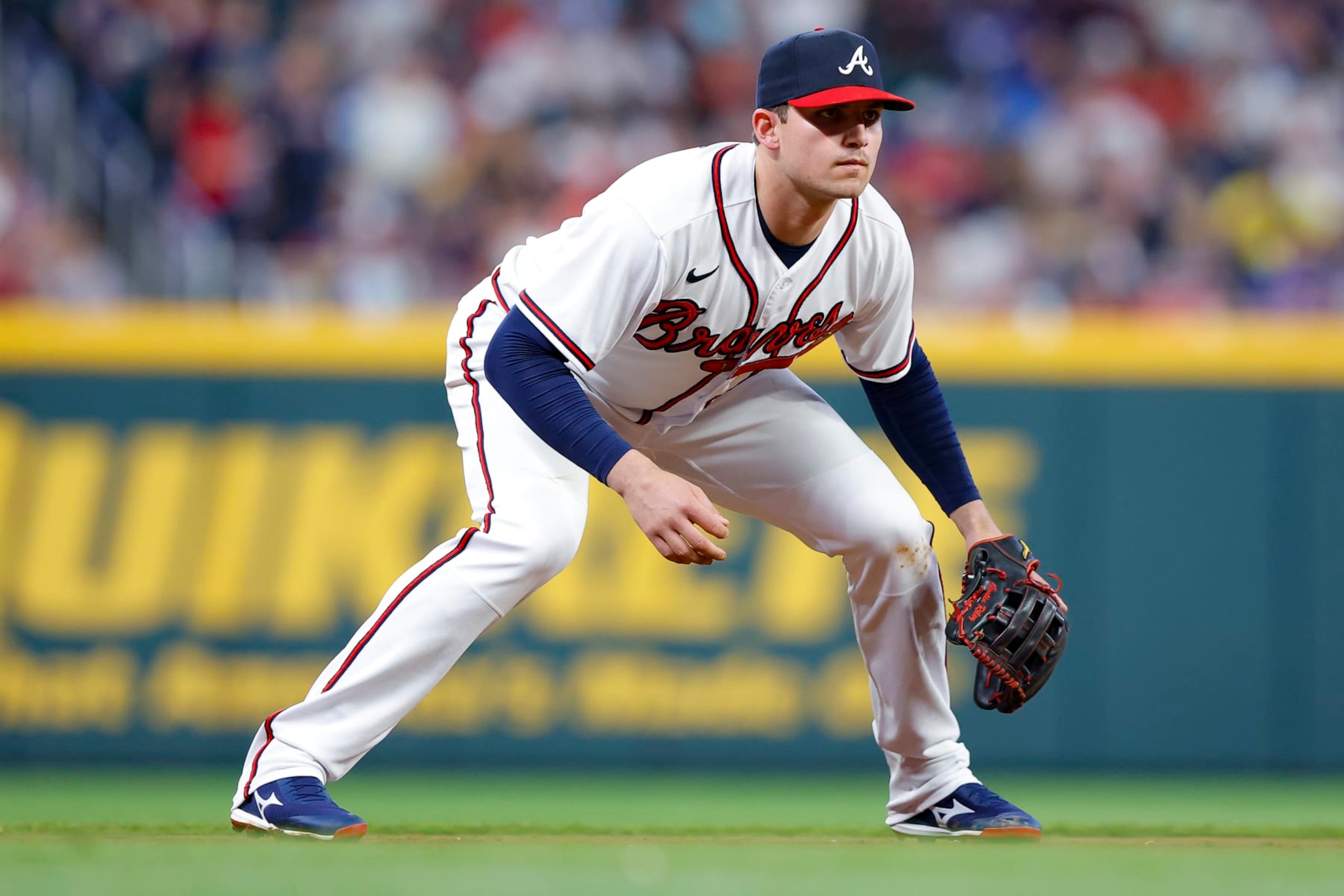 ATLANTA, GA - MAY 09: Austin Riley #27 of the Atlanta Braves readies himself during the sixth inning against the Boston Red Sox at Truist Park on May 9, 2023 in Atlanta, Georgia. (Photo by Todd Kirkland/Getty Images)