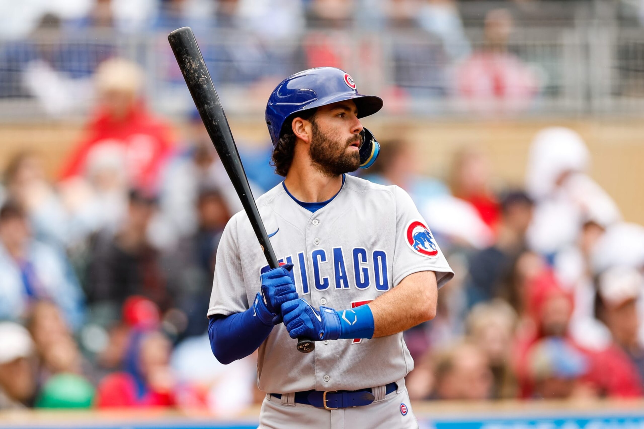 MINNEAPOLIS, MN - MAY 13: Dansby Swanson #7 of the Chicago Cubs takes an at-bat against the Minnesota Twins in the third inning at Target Field on May 13, 2023 in Minneapolis, Minnesota. The Twins defeated the Cubs 11-1. (Photo by David Berding/Getty Images)