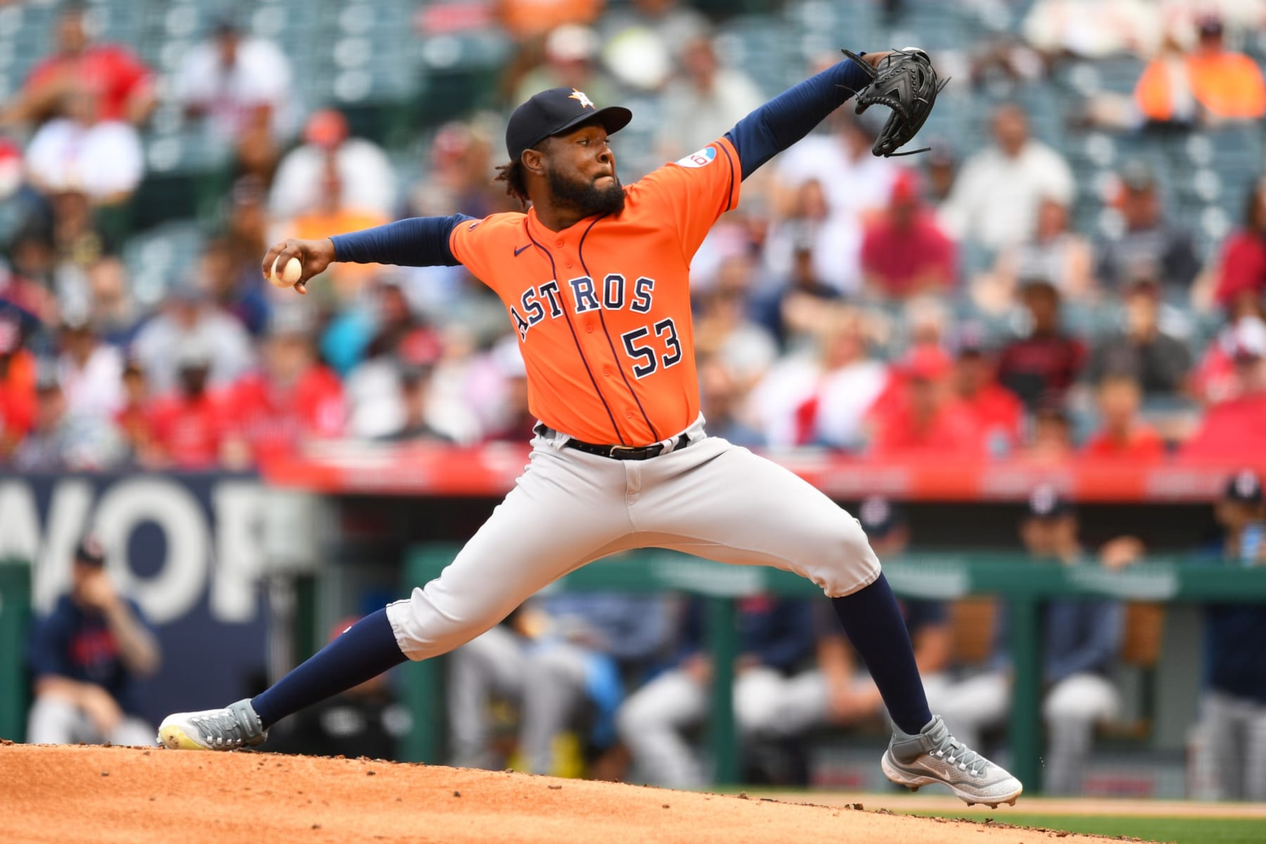 ANAHEIM, CA - MAY 10: Houston Astros pitcher Cristian Javier (53) throws a pitch during the MLB game between the Houston Astros and the Los Angeles Angels of Anaheim on May 10, 2023 at Angel Stadium of Anaheim in Anaheim, CA. (Photo by Brian Rothmuller/Icon Sportswire via Getty Images)