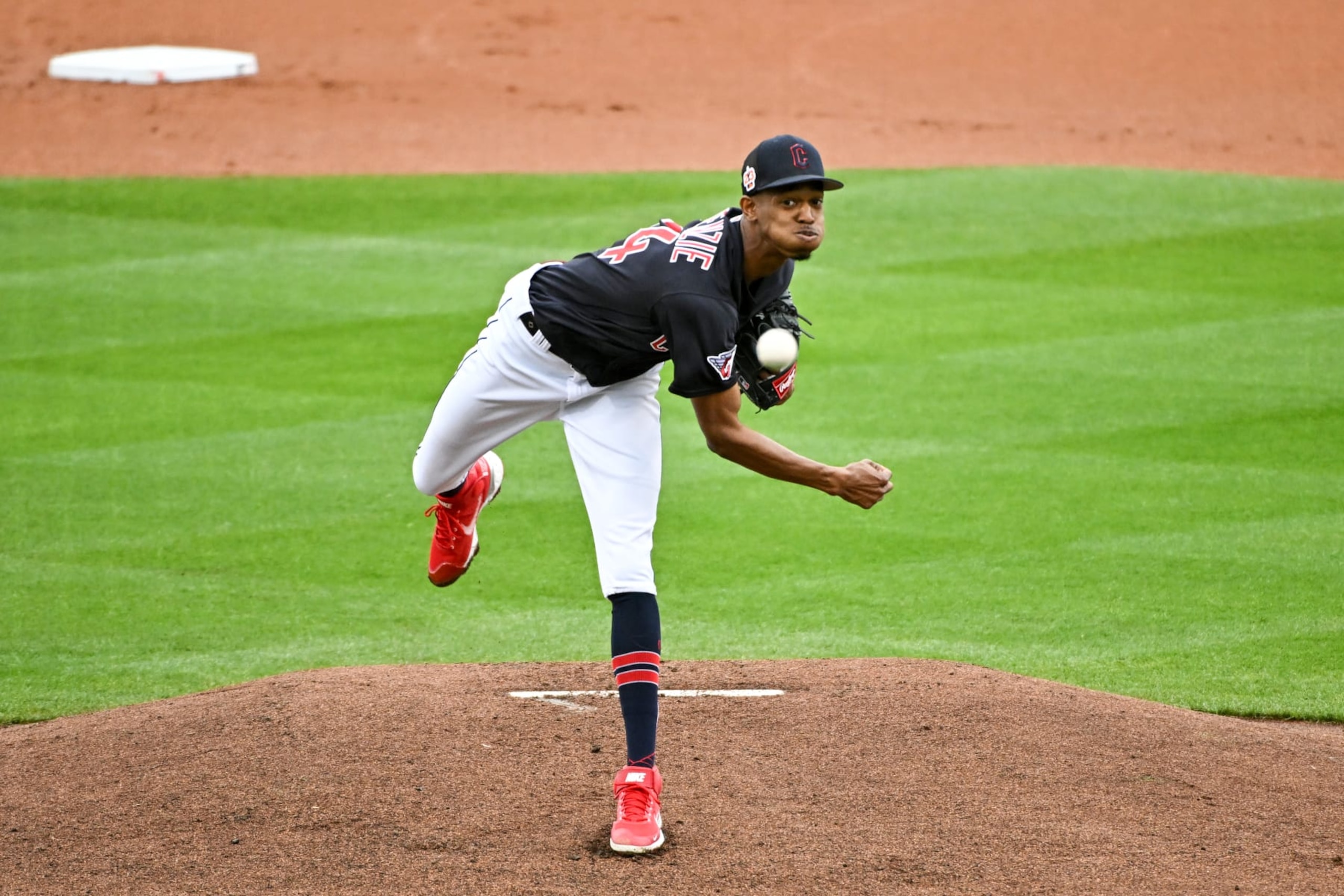 GOODYEAR, ARIZONA - MARCH 21, 2023: Triston McKenzie #24 of the Cleveland Guardians throws a pitch during the first inning of a spring training game against the Los Angeles Dodgers at Goodyear Ballpark on March 21, 2023 in Goodyear, Arizona. (Photo by Chris Bernacchi/Diamond Images via Getty Images)