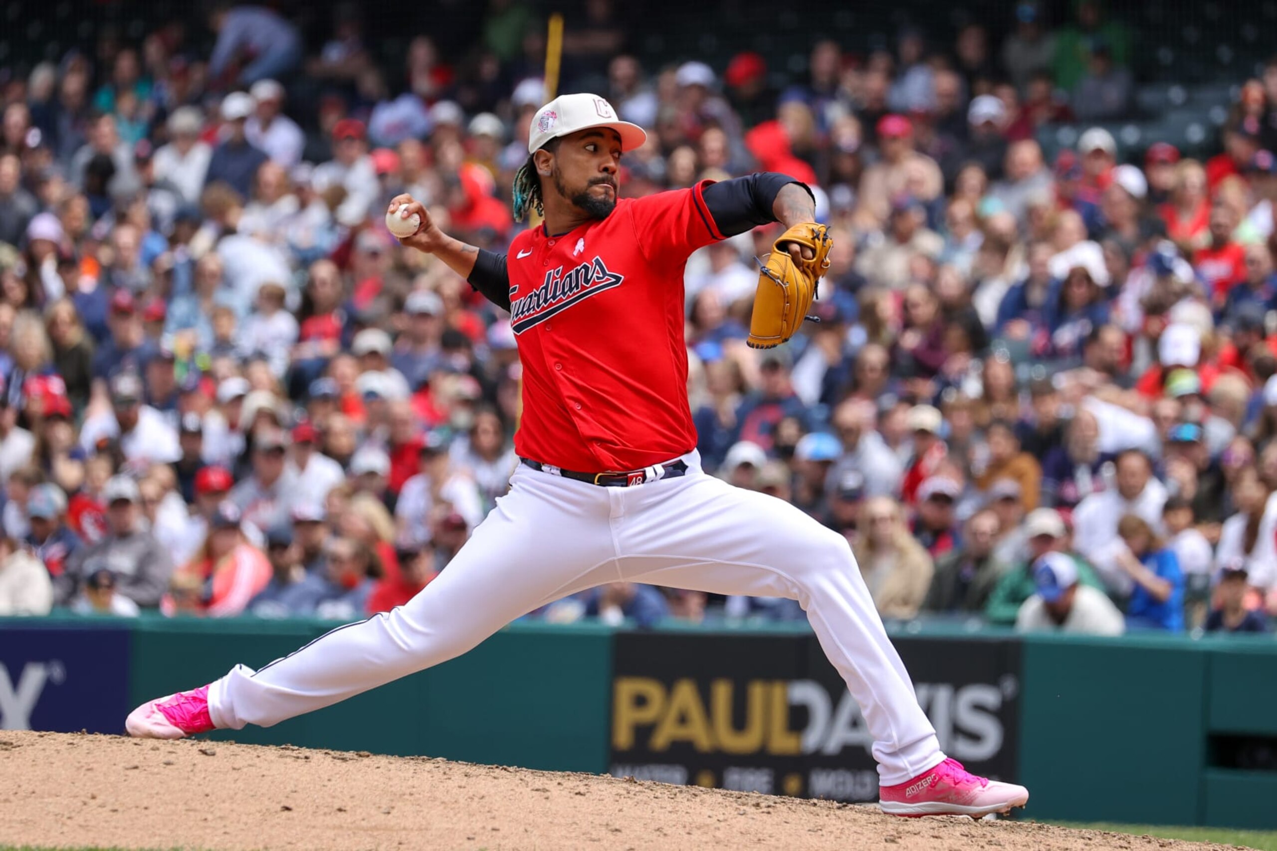 CLEVELAND, OH - MAY 14: Cleveland Guardians relief pitcher Emmanuel Clase (48) delivers a pitch to the plate during the ninth inning of the Major League Baseball game between the Los Angeles Angels and Cleveland Guardians on May 14, 2023, at Progressive Field in Cleveland, OH.  (Photo by Frank Jansky/Icon Sportswire via Getty Images)