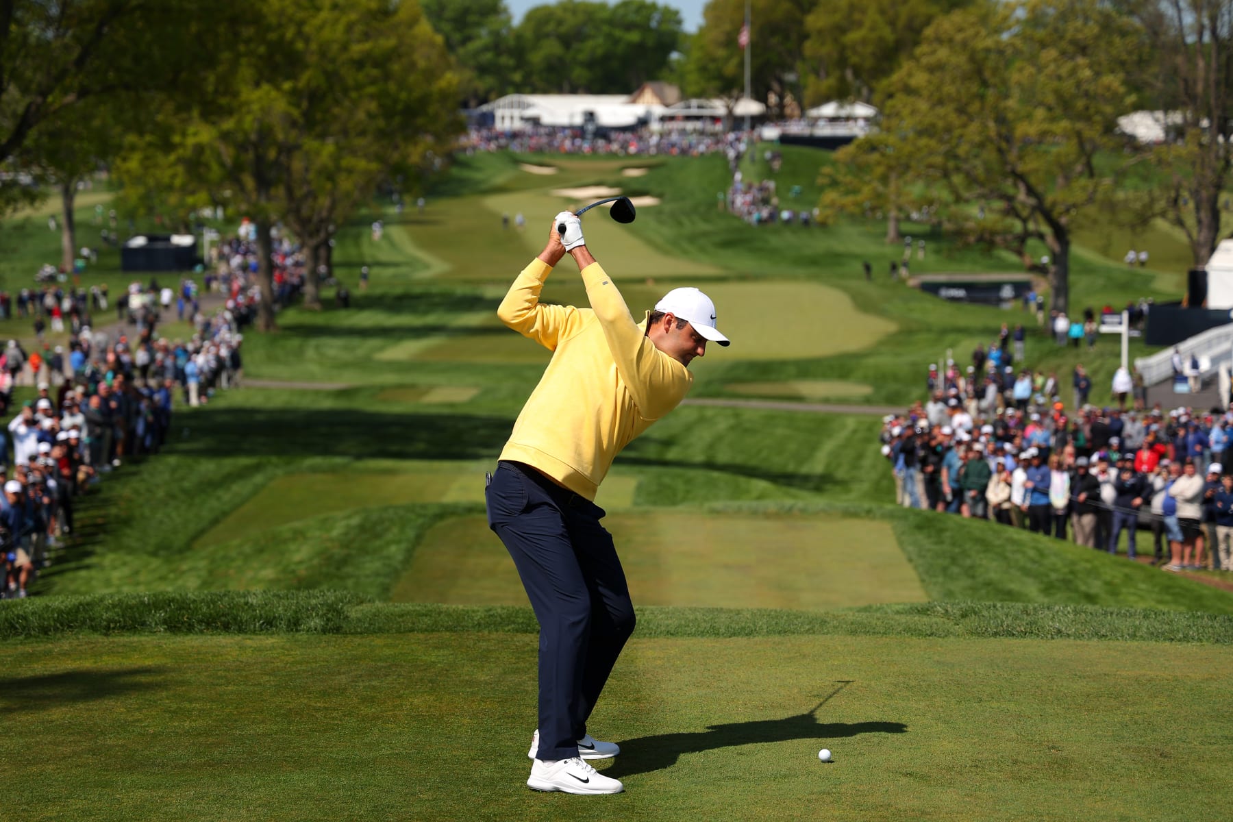 ROCHESTER, NEW YORK - MAY 18: Scottie Scheffler of the United States plays his shot from the 13th tee during the first round of the 2023 PGA Championship at Oak Hill Country Club on May 18, 2023 in Rochester, New York. (Photo by Kevin C. Cox/Getty Images)