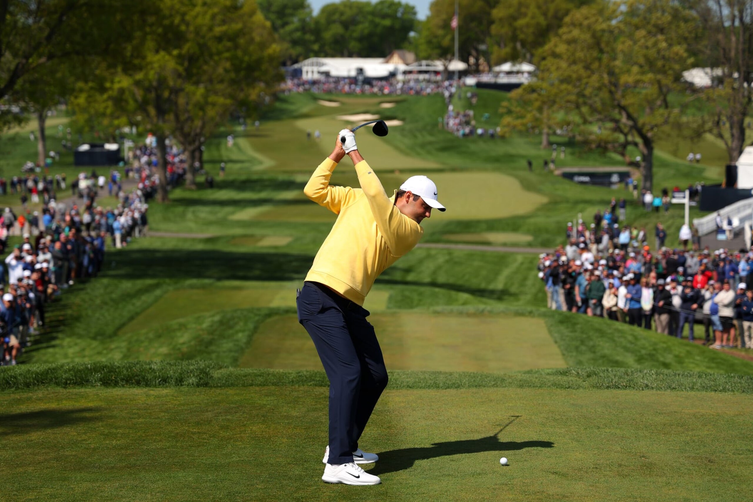 ROCHESTER, NEW YORK - MAY 18: Scottie Scheffler of the United States plays his shot from the 13th tee during the first round of the 2023 PGA Championship at Oak Hill Country Club on May 18, 2023 in Rochester, New York. (Photo by Kevin C. Cox/Getty Images)