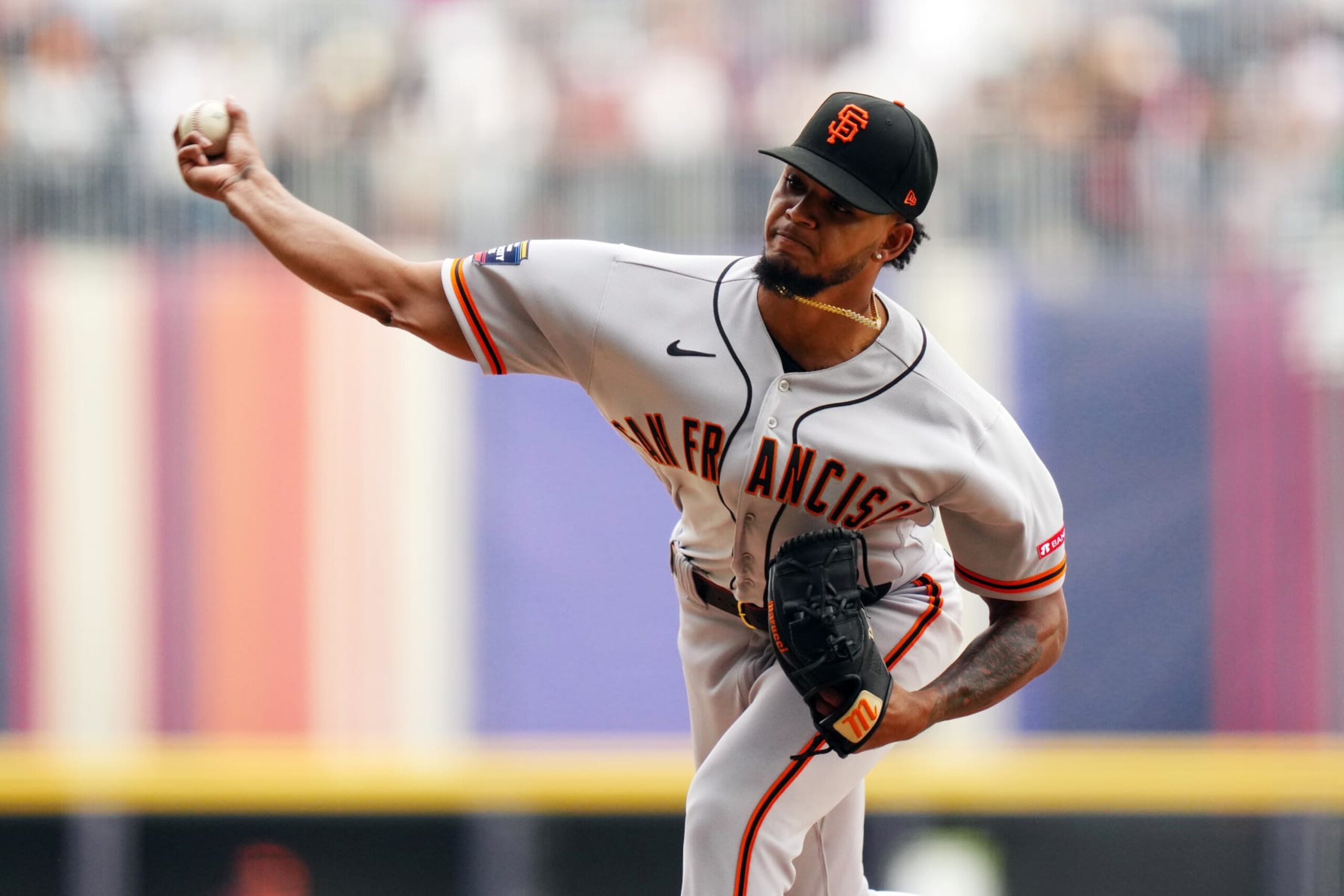 MEXICO CITY, MEXICO - APRIL 30:  Camilo Doval #75 of the San Francisco Giants pitches in the eighth inning during the game between the San Francisco Giants and the San Diego Padres at Alfredo Harp Helú Stadium on Sunday, April 30, 2023 in Mexico City, Mexico. (Photo by Daniel Shirey/MLB Photos via Getty Images)