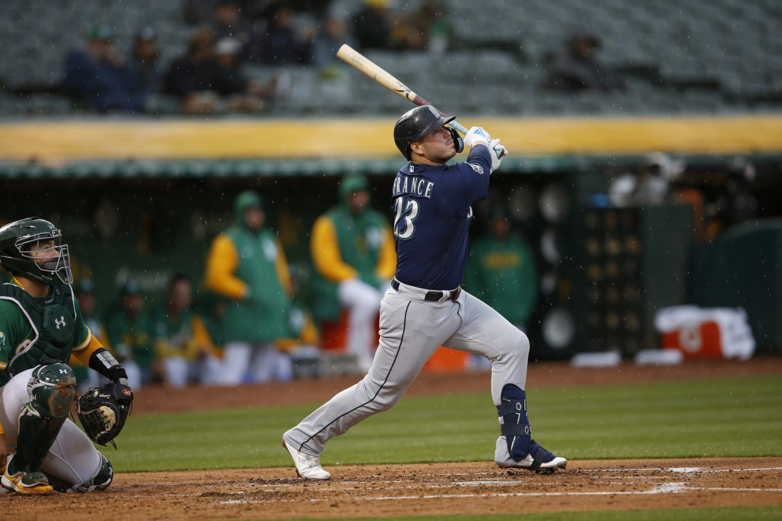 OAKLAND, CA - MAY 2: Ty France #23 of the Seattle Mariners bats during the game against the Oakland Athletics at RingCentral Coliseum on May 2, 2023 in Oakland, California. The Mariners defeated the Athletics 2-1. (Photo by Michael Zagaris/Oakland Athletics/Getty Images)