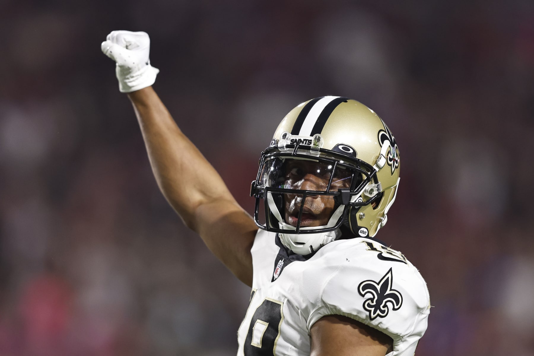 GLENDALE, ARIZONA - OCTOBER 20: Chris Harris Jr. #19 of the New Orleans Saints reacts during the second half of a game between the Arizona Cardinals and the New Orleans Saints at State Farm Stadium on October 20, 2022 in Glendale, Arizona. (Photo by Michael Owens/Getty Images)