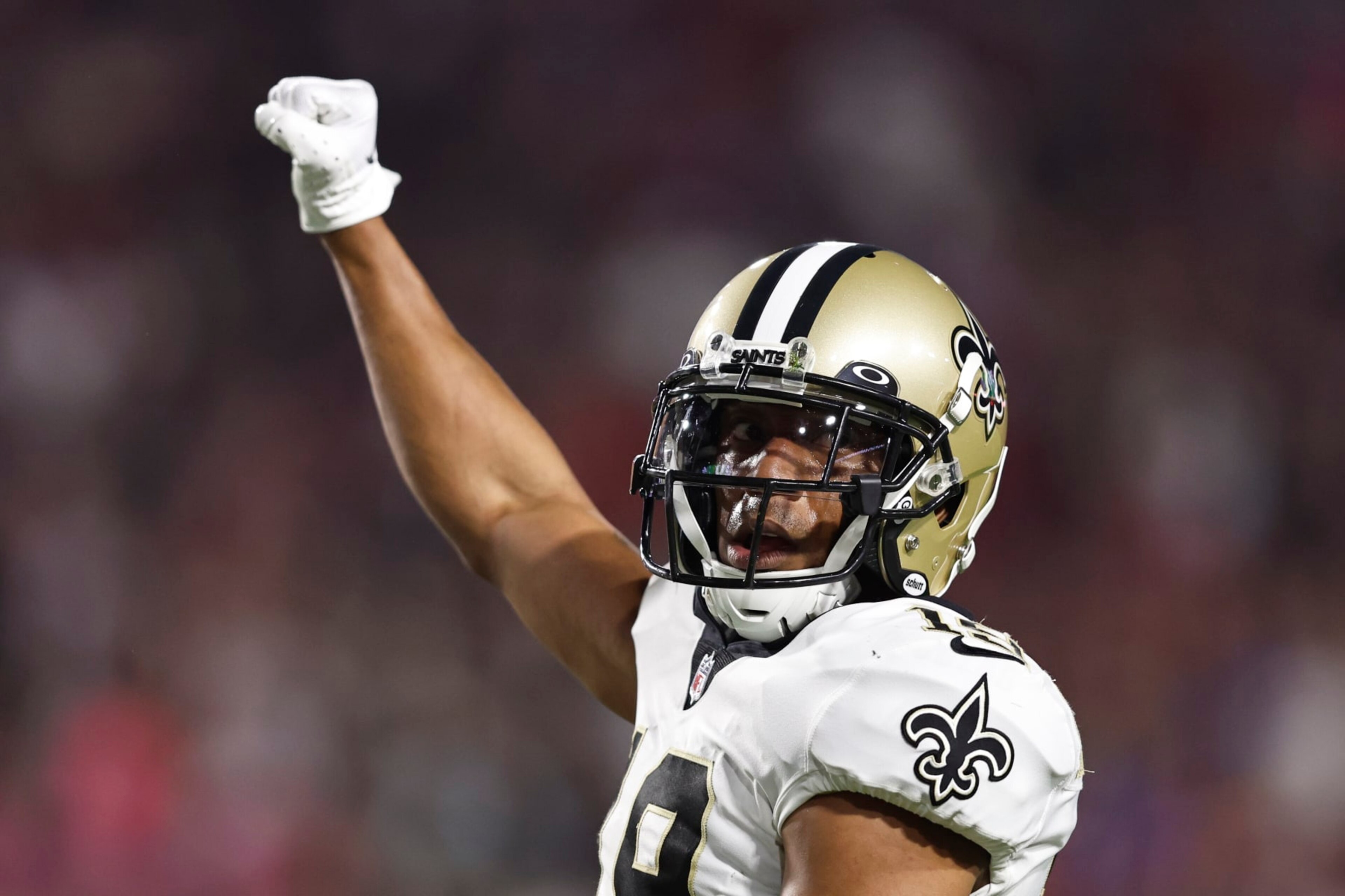 GLENDALE, ARIZONA - OCTOBER 20: Chris Harris Jr. #19 of the New Orleans Saints reacts during the second half of a game between the Arizona Cardinals and the New Orleans Saints at State Farm Stadium on October 20, 2022 in Glendale, Arizona. (Photo by Michael Owens/Getty Images)