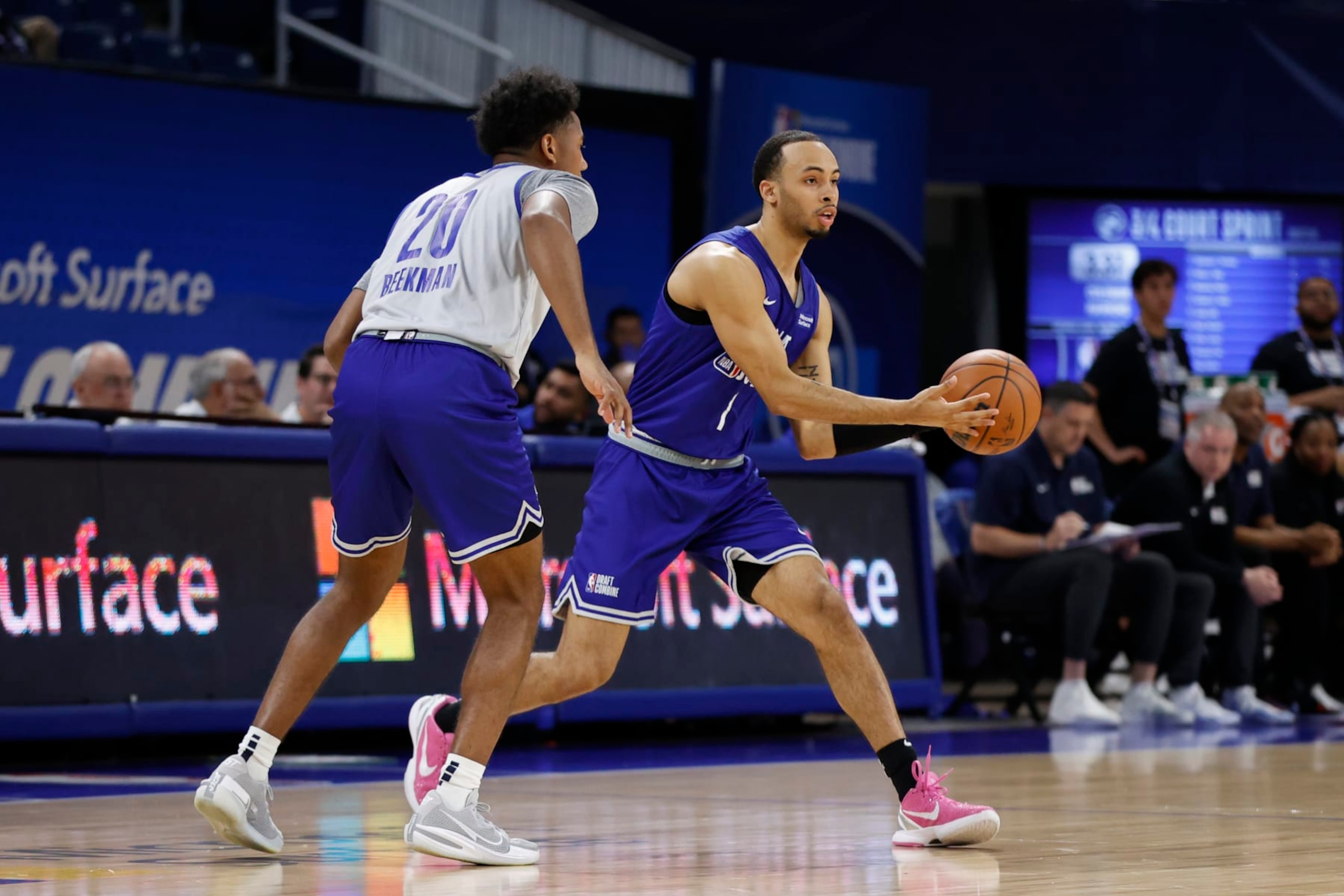 CHICAGO, IL - MAY 17: NBA Draft Prospect, Amari Bailey #1 handles the ball during the 2023 NBA Combine at Wintrust Arena on May 17, 2023 in Chicago, Illinois. NOTE TO USER: User expressly acknowledges and agrees that, by downloading and or using this photograph, user is consenting to the terms and conditions of the Getty Images License Agreement. Mandatory Copyright Notice: Copyright 2023 NBAE (Photo by Kamil Krzaczynski/NBAE via Getty Images)