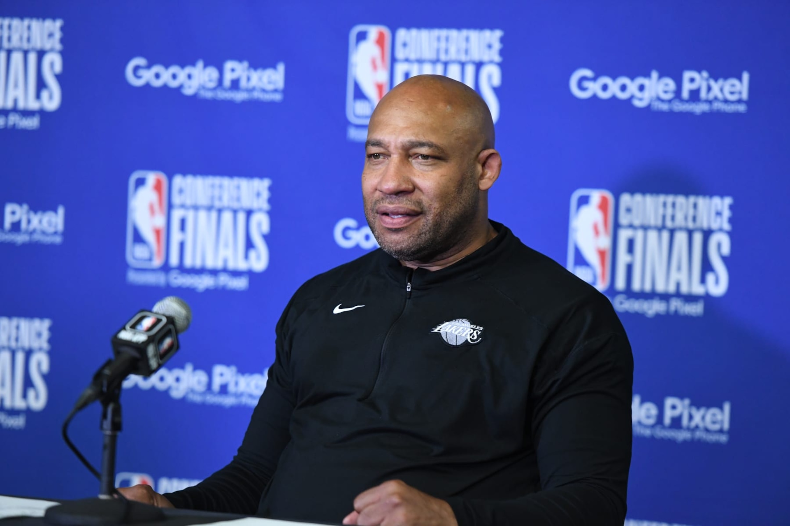 DENVER, CO - MAY 16: Head Coach Darvin Ham of the Los Angeles Lakers talks to the media after the game during round 3 game 1 of the 2023 NBA Playoffs Western Conference Finals on May 16, 2023 at the Ball Arena in Denver, Colorado. NOTE TO USER: User expressly acknowledges and agrees that, by downloading and/or using this Photograph, user is consenting to the terms and conditions of the Getty Images License Agreement. Mandatory Copyright Notice: Copyright 2023 NBAE (Photo by Andrew D. Bernstein/NBAE via Getty Images)