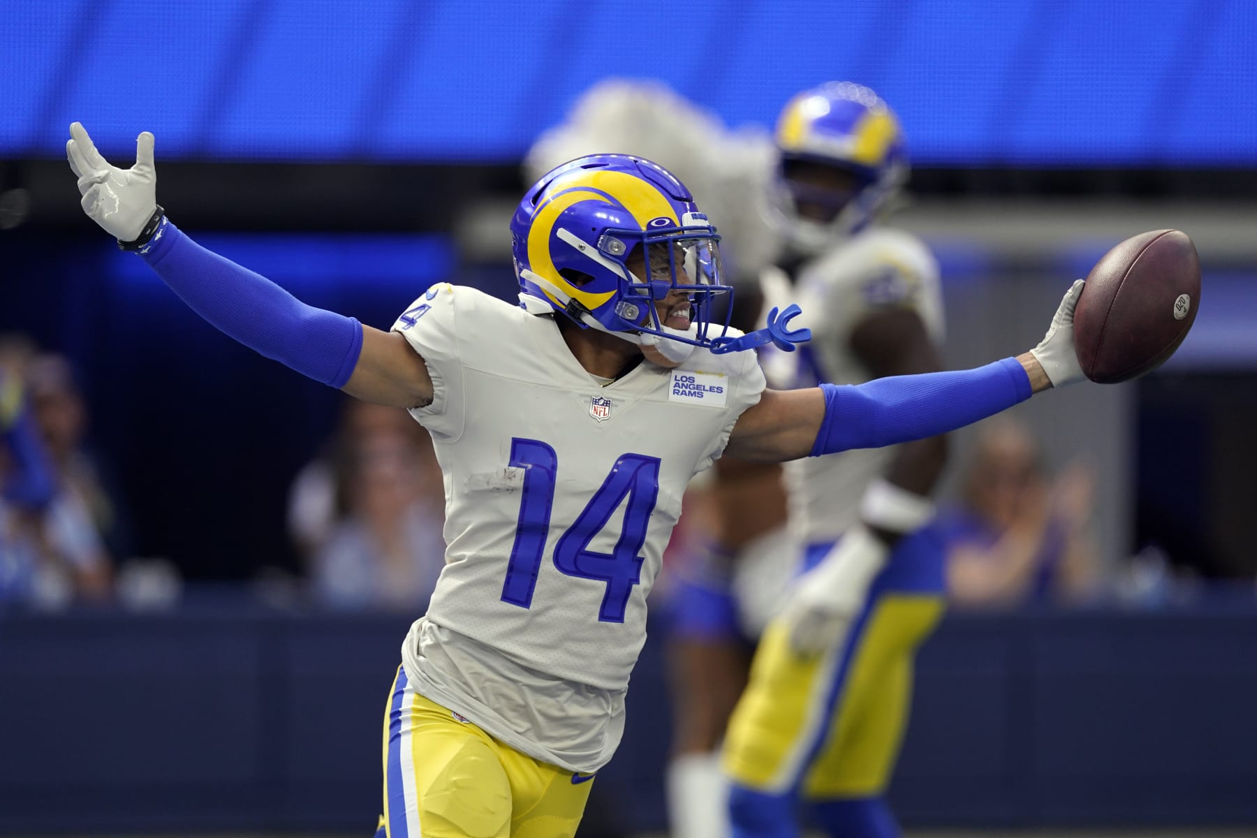 Los Angeles Rams cornerback Cobie Durant celebrates his interception during the first half of an NFL football game against the Atlanta Falcons Sunday, Sept. 18, 2022, in Inglewood, Calif. (AP Photo/Mark J. Terrill)