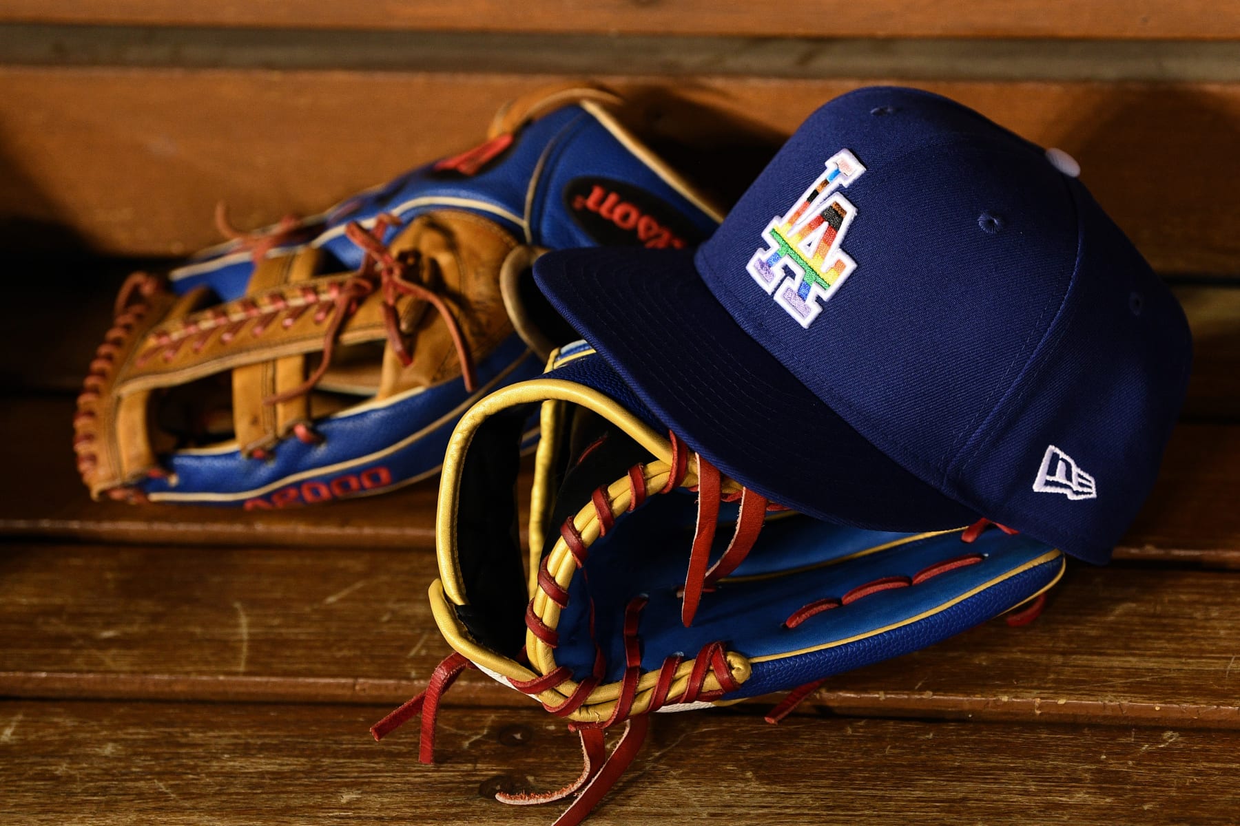 LOS ANGELES, CA - JUNE 03: A special hat for LGBTQ+ Pride Night during the MLB game between the New York Mets and the Los Angeles Dodgers on June 3, 2022 at Dodger Stadium in Los Angeles, CA. (Photo by Brian Rothmuller/Icon Sportswire via Getty Images)
