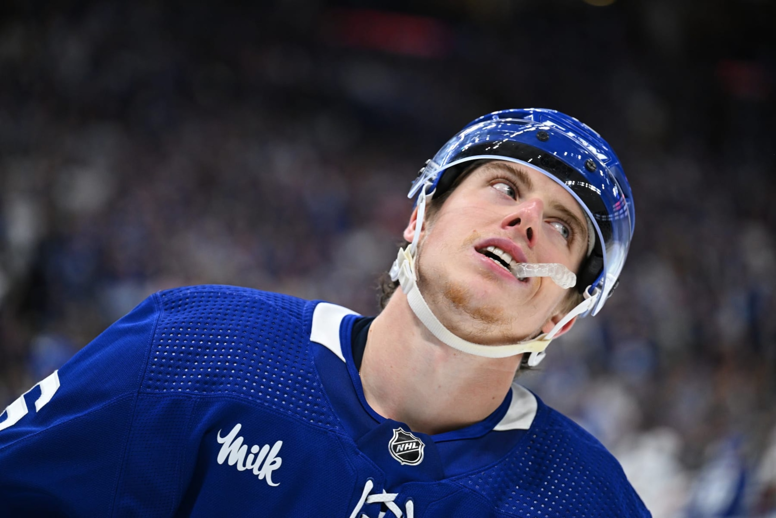 TORONTO, ON - MAY 12: Toronto Maple Leafs right wing Mitchell Marner (16) looks on after the play is blown dead during the first period of over time of game 5 in the Eastern Conference Second Round between the Florida Panthers and the Toronto Maple Leafs on May 12, 2023, at Scotiabank Arena in Toronto, ON, Canada. (Photo by Gavin Napier/Icon Sportswire via Getty Images)