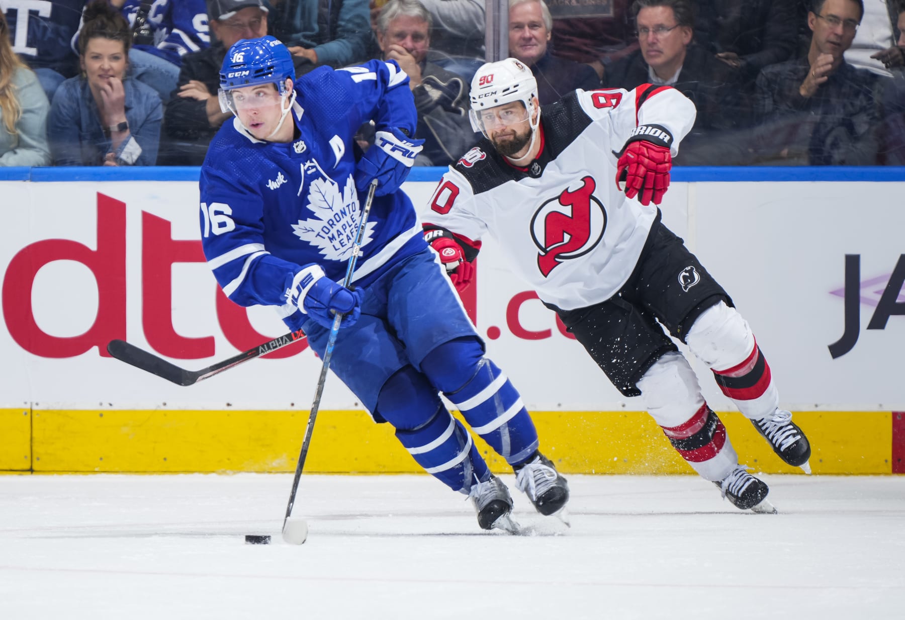 TORONTO, ON - NOVEMBER 17: Mitch Marner #16 of the Toronto Maple Leafs skates against the New Jersey Devils during the third period at the Scotiabank Arena on November 17, 2022 in Toronto, Ontario, Canada. (Photo by Mark Blinch/NHLI via Getty Images)
