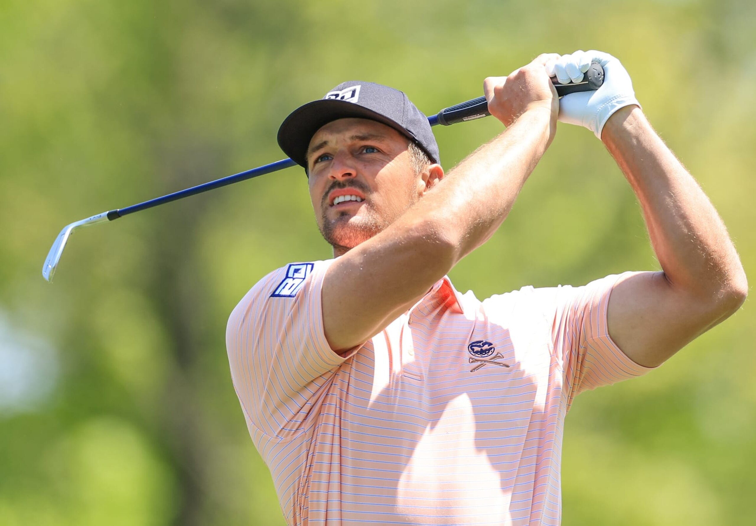 ROCHESTER, NEW YORK - MAY 18: Bryson DeChambeau of The United States plays his tee shot on the par 3, 15th hole during the first round of the 2023 PGA Championship at Oak Hill Country Club on May 18, 2023 in Rochester, New York. (Photo by David Cannon/Getty Images)