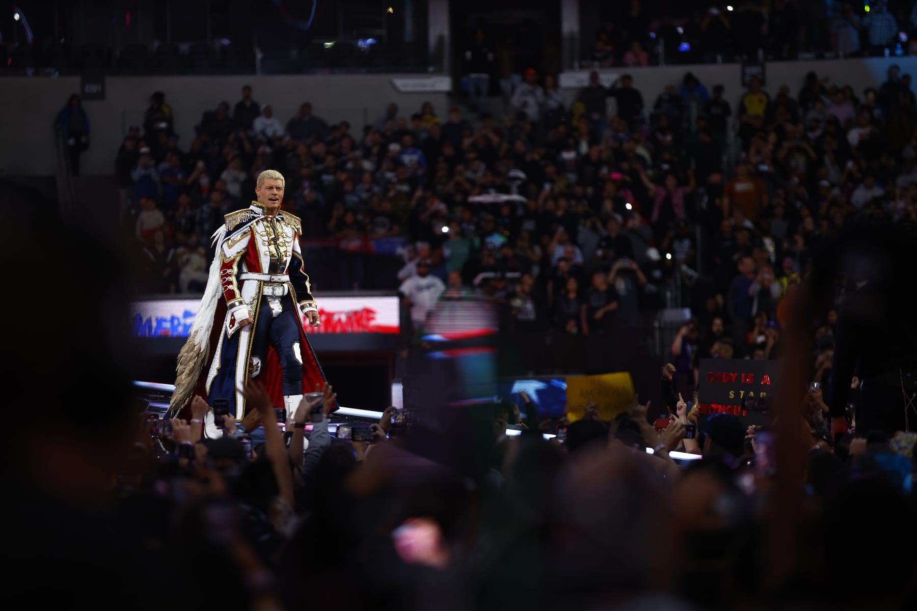 INGLEWOOD, CALIFORNIA - APRIL 02:  (L-R) Cody Rhodes wrestles Roman Reigns for Undisputed WWE Universal Title Match during WrestleMania Goes Hollywood at SoFi Stadium on April 02, 2023 in Inglewood, California.
 (Photo by Ronald Martinez/Getty Images)