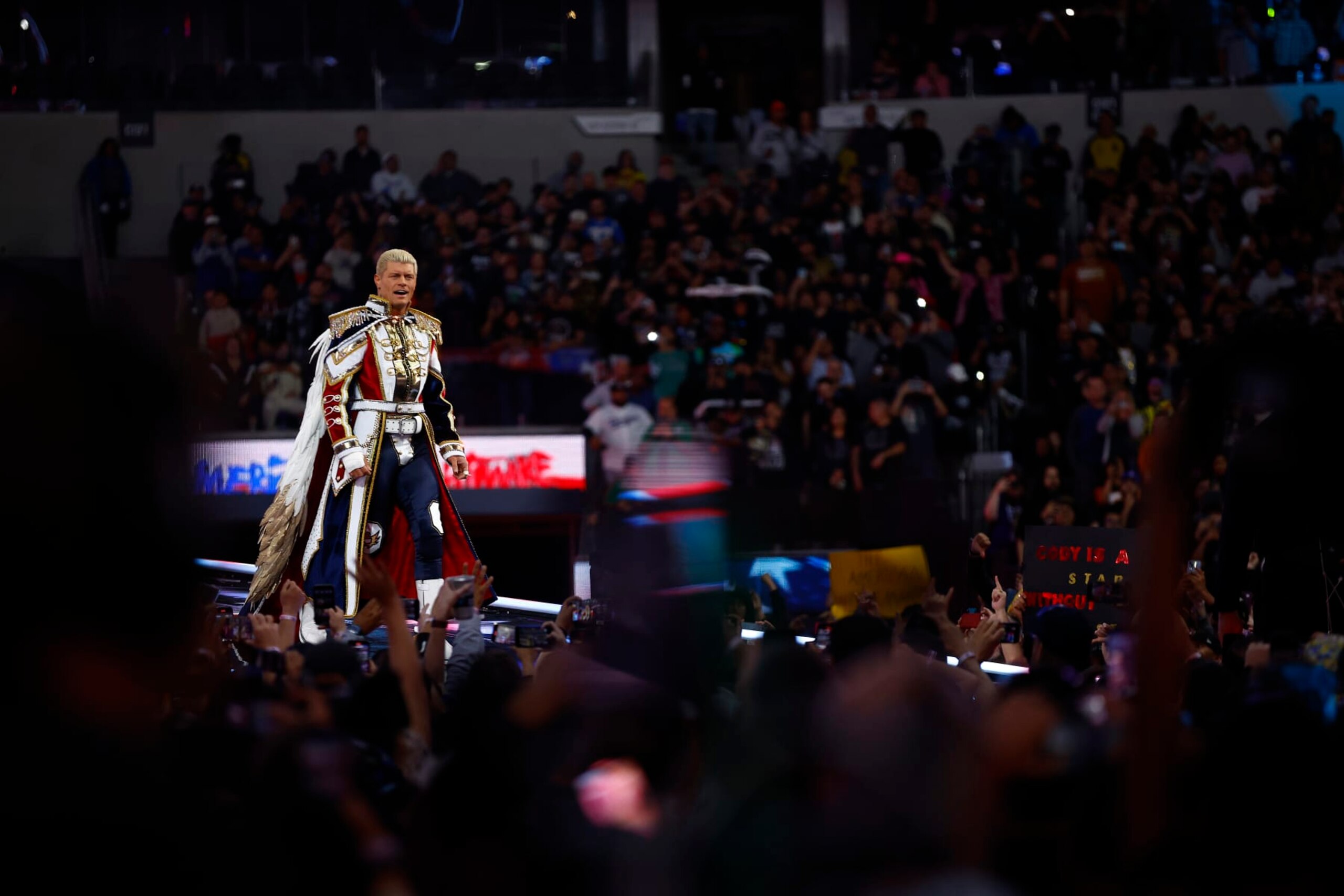 INGLEWOOD, CALIFORNIA - APRIL 02: (L-R) Cody Rhodes wrestles Roman Reigns for Undisputed WWE Universal Title Match during WrestleMania Goes Hollywood at SoFi Stadium on April 02, 2023 in Inglewood, California.
(Photo by Ronald Martinez/Getty Images) INGLEWOOD, CALIFORNIA - APRIL 02: (L-R) Cody Rhodes wrestles Roman Reigns for Undisputed WWE Universal Title Match during WrestleMania Goes Hollywood at SoFi Stadium on April 02, 2023 in Inglewood, California.
(Photo by Ronald Martinez/Getty Images)