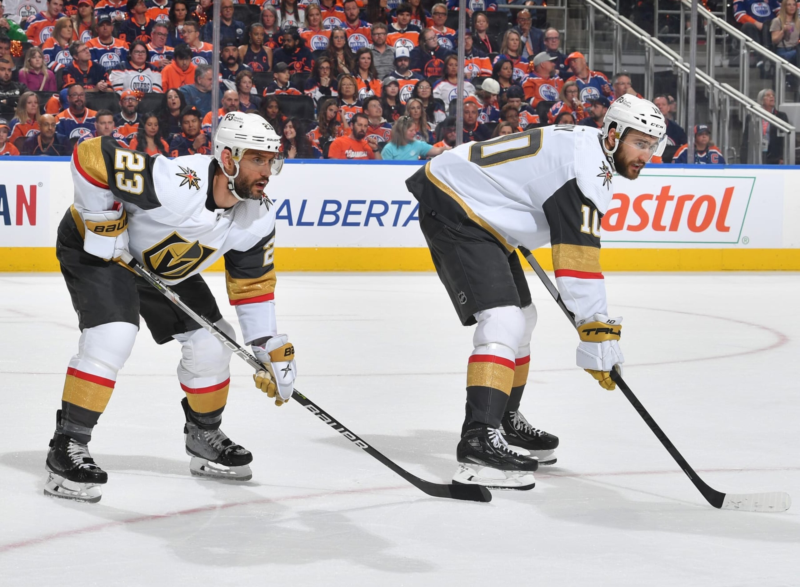 EDMONTON, CANADA - MAY 14: Alec Martinez (L) #23 and Nicolas Roy #10 of the Vegas Golden Knights await a face-off in Game Six of the Second Round of the 2023 Stanley Cup Playoffs against the Edmonton Oilers at Rogers Place on May 14, 2023, in Edmonton, Alberta, Canada. (Photo by Andy Devlin/NHLI via Getty Images)