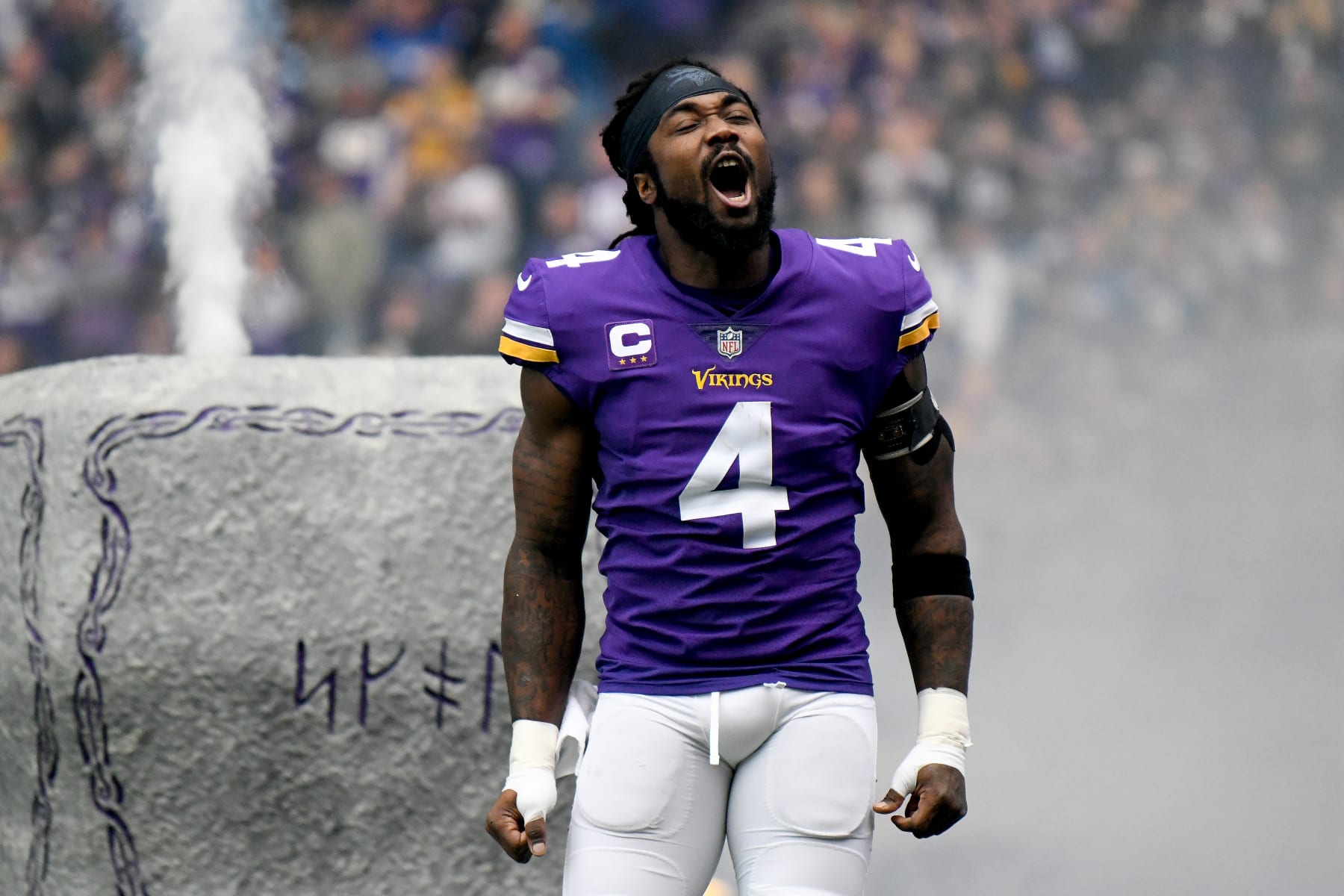 MINNEAPOLIS, MINNESOTA - DECEMBER 17: Dalvin Cook #4 of the Minnesota Vikings takes the field prior to a game against the Indianapolis Colts at U.S. Bank Stadium on December 17, 2022 in Minneapolis, Minnesota. (Photo by Stephen Maturen/Getty Images)