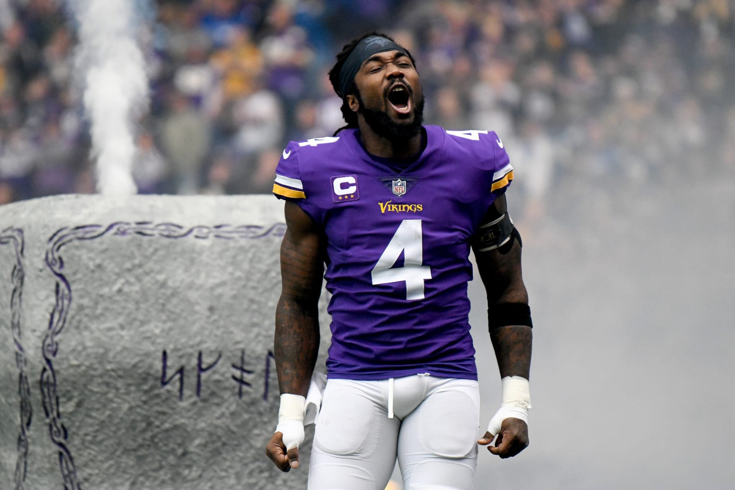 MINNEAPOLIS, MINNESOTA - DECEMBER 17: Dalvin Cook #4 of the Minnesota Vikings takes the field prior to a game against the Indianapolis Colts at U.S. Bank Stadium on December 17, 2022 in Minneapolis, Minnesota. (Photo by Stephen Maturen/Getty Images)