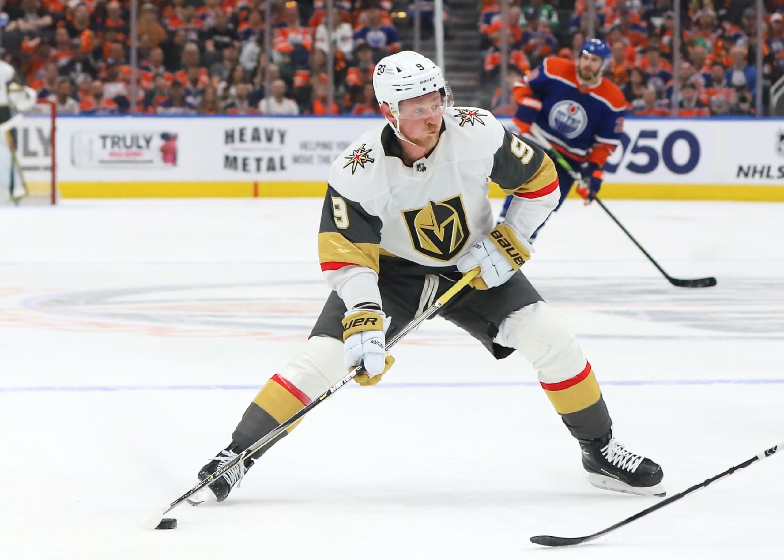 EDMONTON, CANADA - MAY 14: Jack Eichel #9 of the Las Vegas Golden Knights looks to shoot in the first period against the Edmonton Oilers in the first period in Game Six of the Second Round of the 2023 Stanley Cup Playoffs May 14, 2023 at Rogers Place in Edmonton, Alberta, Canada. (Photo by Lawrence Scott/Getty Images)