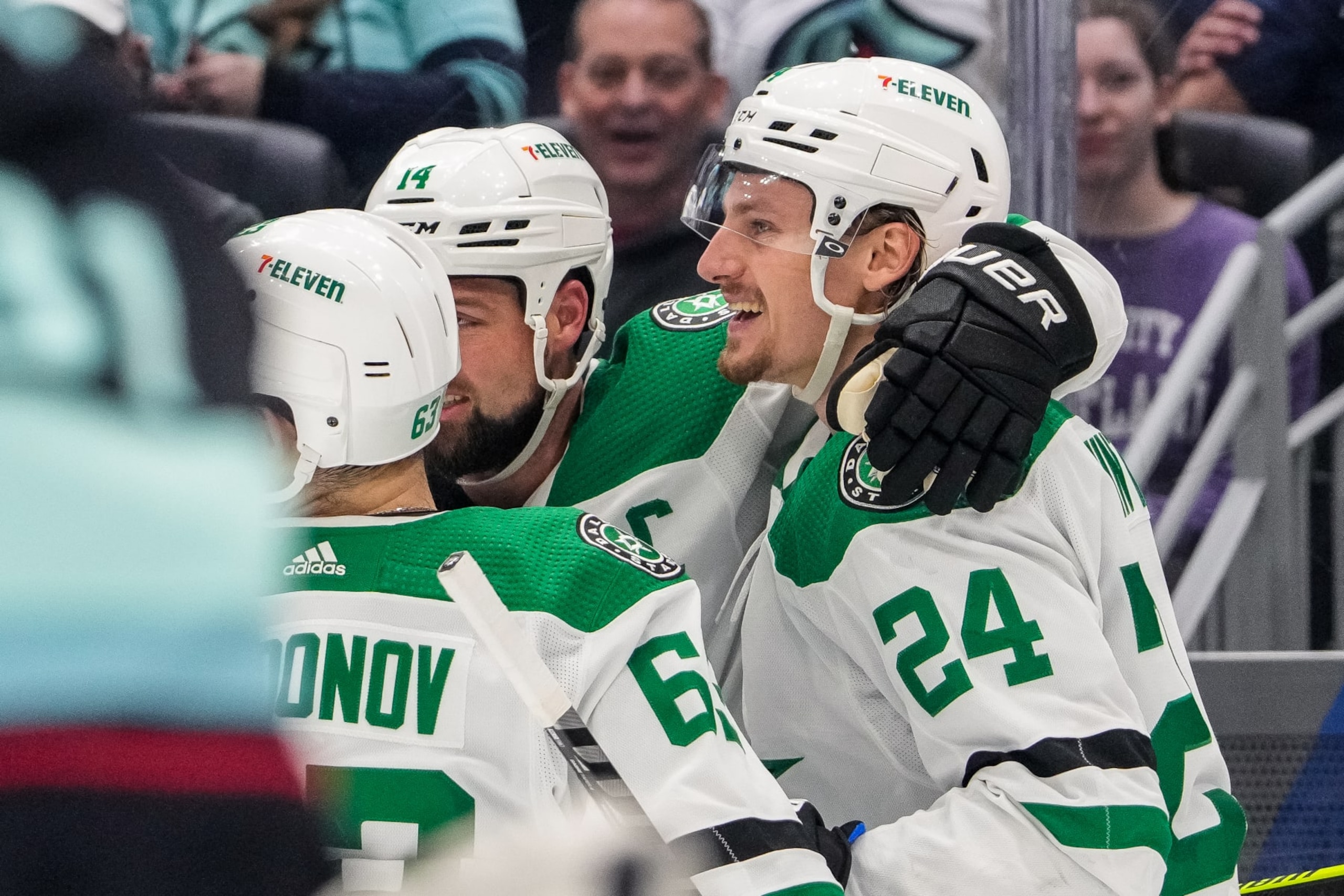 SEATTLE, WASHINGTON - MAY 9:Roope Hintz #24 celebrates his goal with Evgenii Dadonov #63 and Jamie Benn #14 of the Dallas Stars during the second period in Game Four of the Second Round of the 2023 Stanley Cup Playoffs at Climate Pledge Arena on May 9, 2023 in Seattle, Washington. (Photo by Christopher Mast/NHLI via Getty Images)