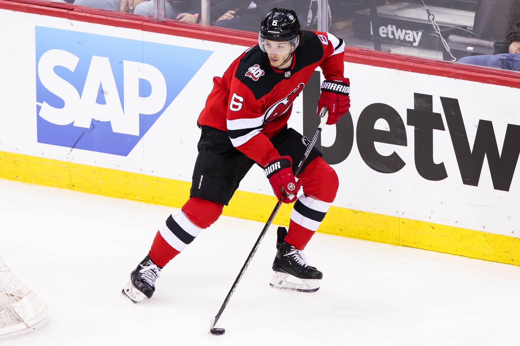NEWARK, NJ - MAY 09: New Jersey Devils defenseman John Marino (6) skates with the puck during Game 4 of an Eastern Conference Second Round playoff game between the Carolina Hurricanes and the New Jersey Devils on May 9, 2023, at Prudential Center in Newark, New Jersey. (Photo by Andrew Mordzynski/Icon Sportswire via Getty Images)