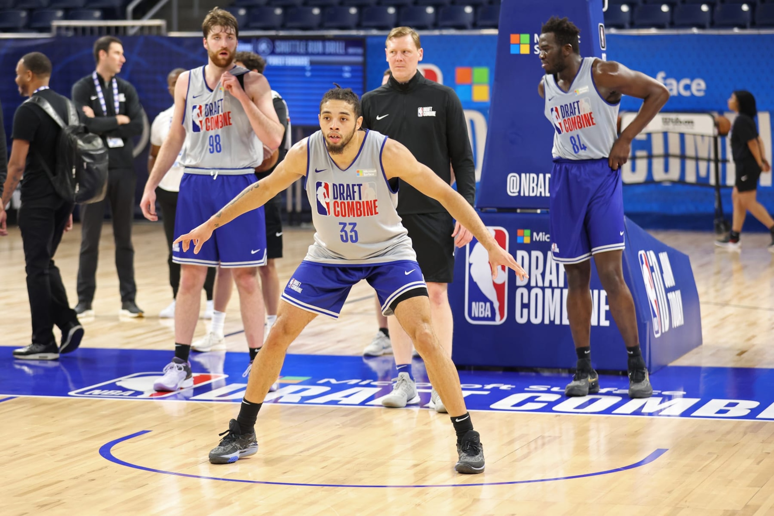 CHICAGO, IL - MAY 15: NBA Draft Prospect, Seth Lundy stretches during the 2023 NBA Draft Combine at Wintrust Arena on May 15, 2023 in Chicago, Illinois. NOTE TO USER: User expressly acknowledges and agrees that, by downloading and or using this photograph, user is consenting to the terms and conditions of the Getty Images License Agreement. Mandatory Copyright Notice: Copyright 2023 NBAE (Photo by Jeff Haynes/NBAE via Getty Images)