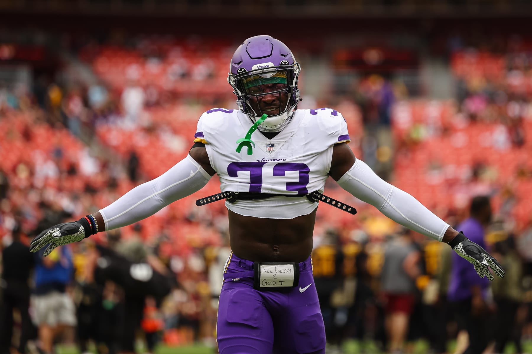 LANDOVER, MD - NOVEMBER 06: Brian Asamoah II #33 of the Minnesota Vikings reacts before the game against the Washington Commanders at FedExField on November 6, 2022 in Landover, Maryland. (Photo by Scott Taetsch/Getty Images)