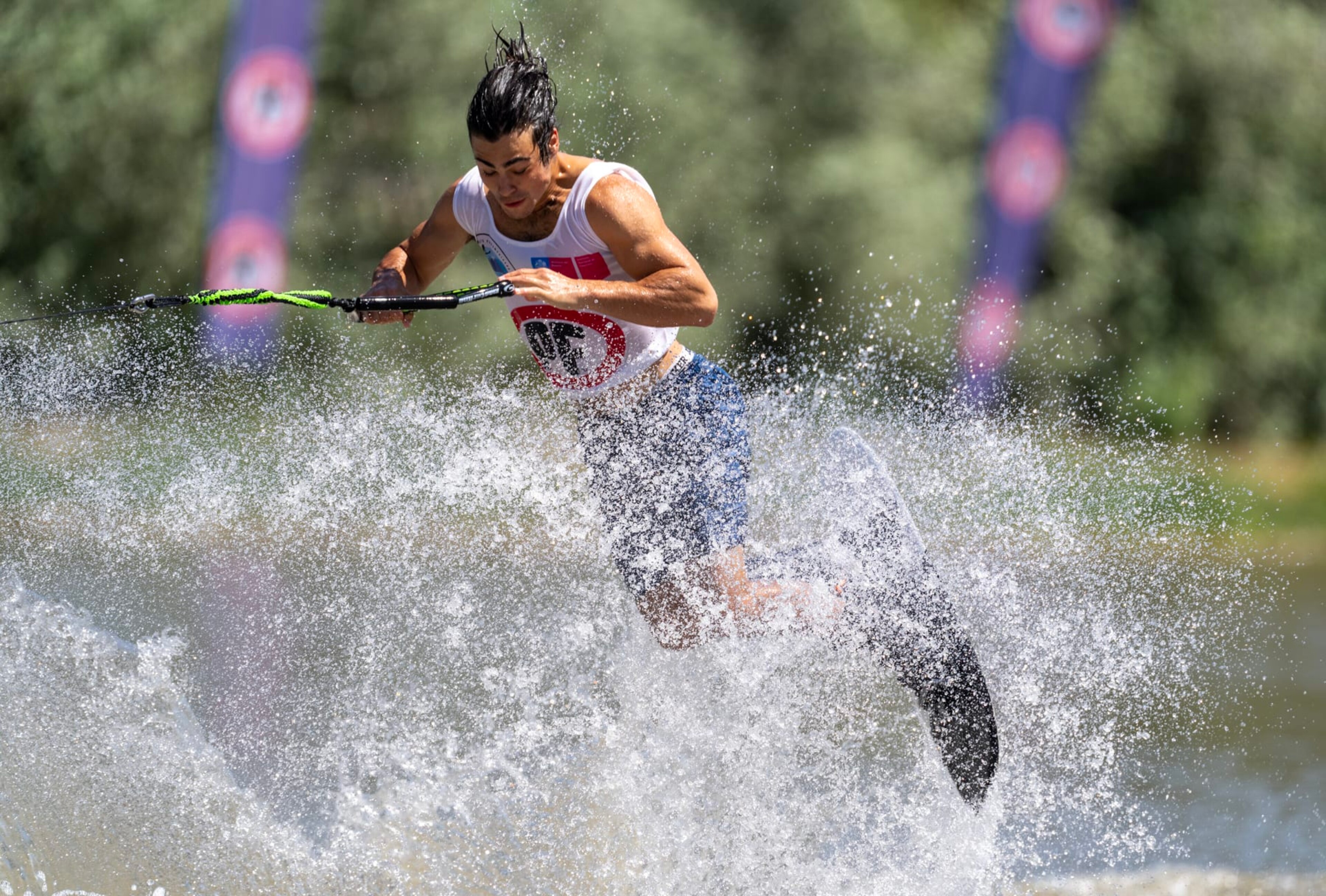 SANTIAGO, CHILE - DECEMBER 3: Micky Geller of Canada skis during the Pan American Waterski Championships on Lago Los Morros on December, 3, 2022 in Santiago, Chile. (Photo by Johnny Hayward/Getty Images) SANTIAGO, CHILE - DECEMBER 3: Micky Geller of Canada skis during the Pan American Waterski Championships on Lago Los Morros on December, 3, 2022 in Santiago, Chile. (Photo by Johnny Hayward/Getty Images)